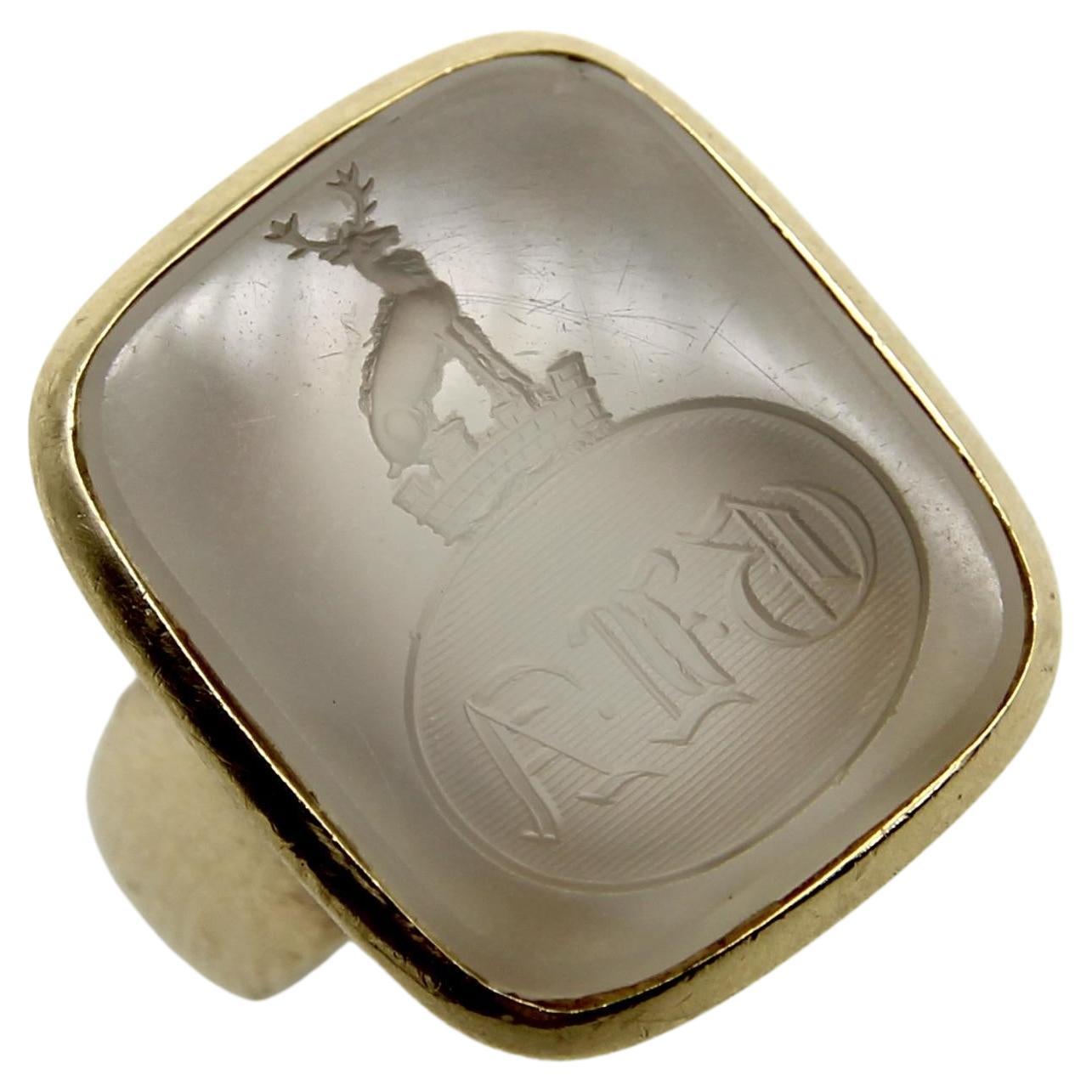 Victorian 14K Gold Family Crest Intaglio Ring of Stag in Quartz Stone