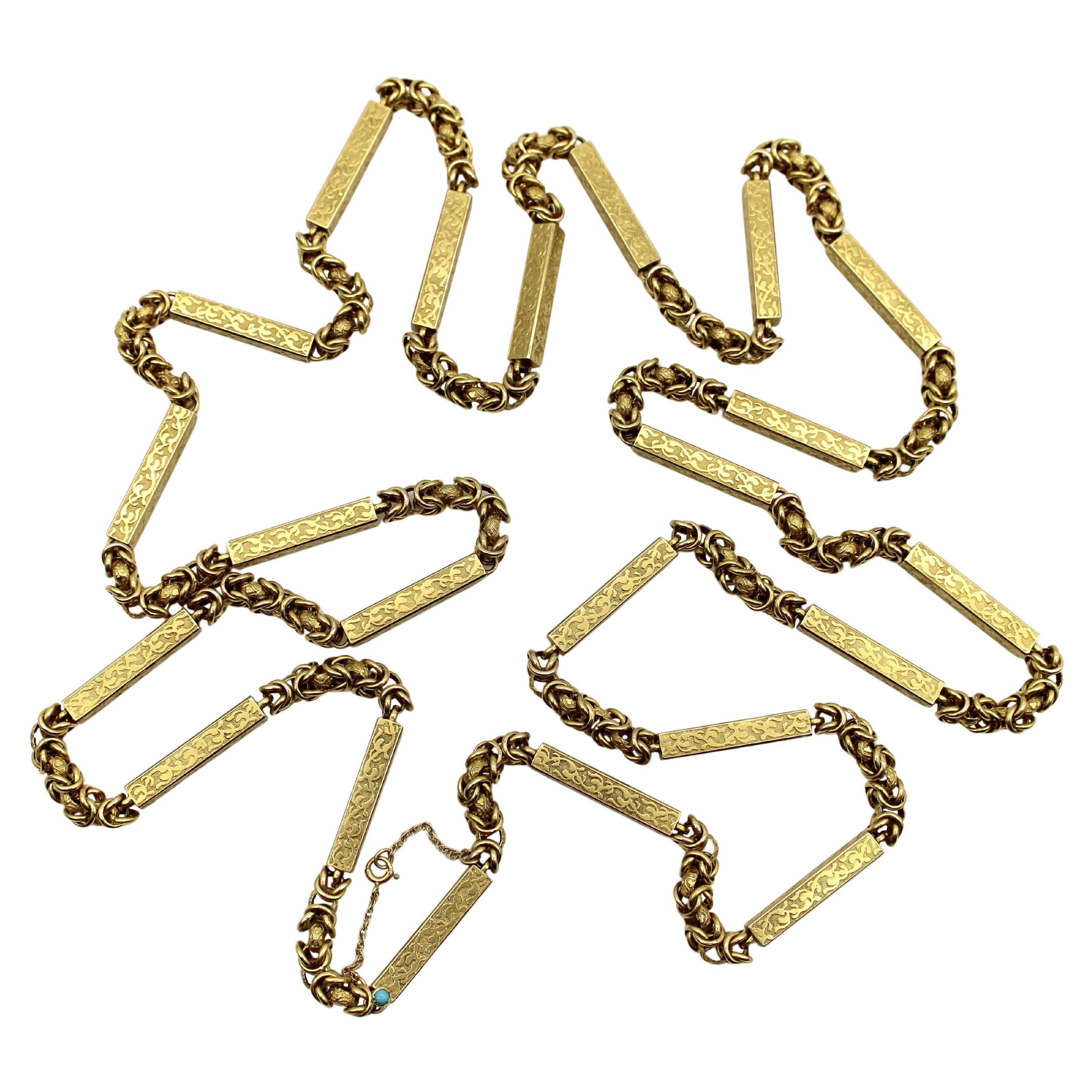 Cadena de guarda larga de eslabones de fantasía de oro victoriano de 14 quilates con detalles en relieve en venta