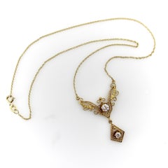 Victorian 14K Gold Filigree and Old European Cut Diamond Pendant Necklace