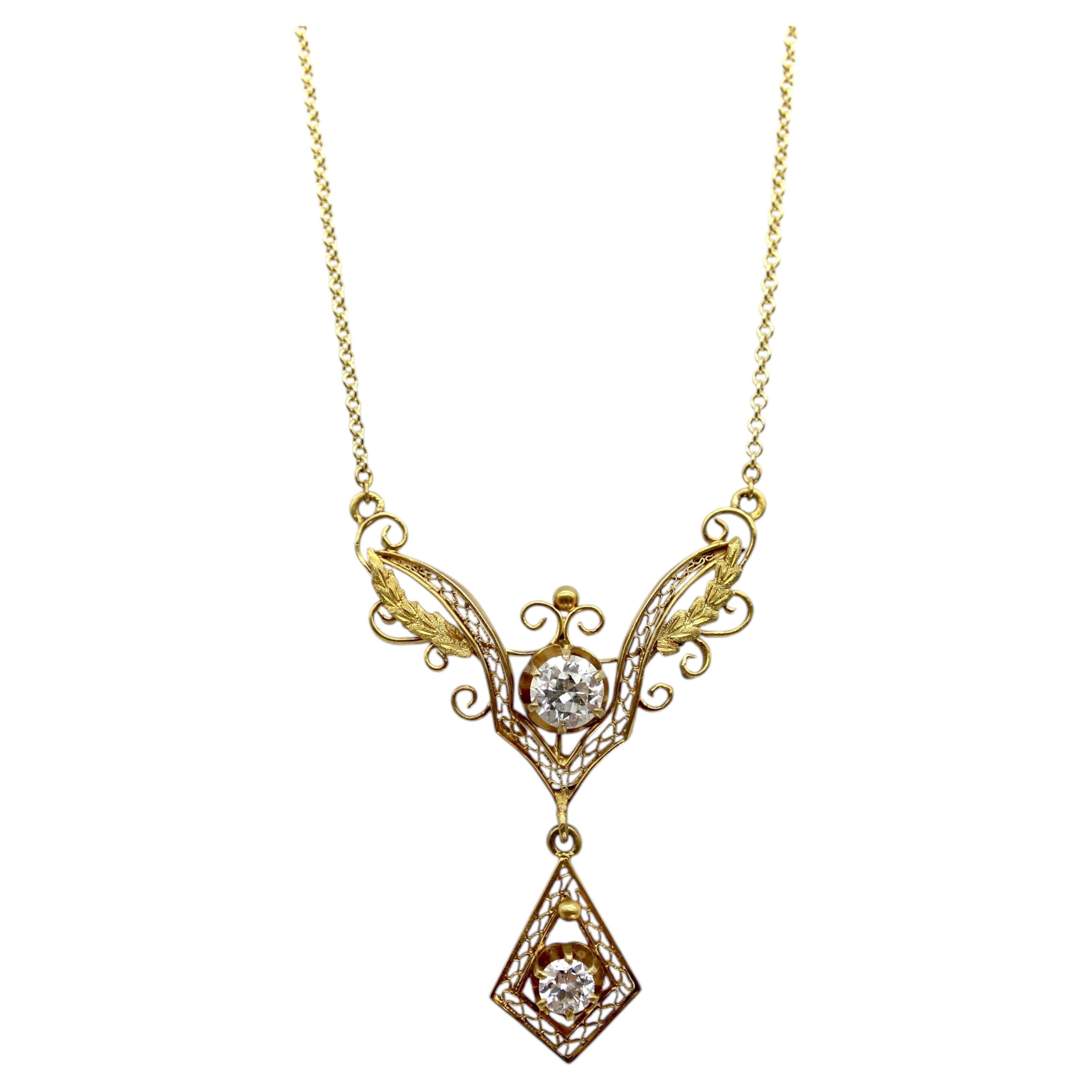Collier victorien en filigrane d'or 14K et pendentif en diamant de taille européenne ancienne