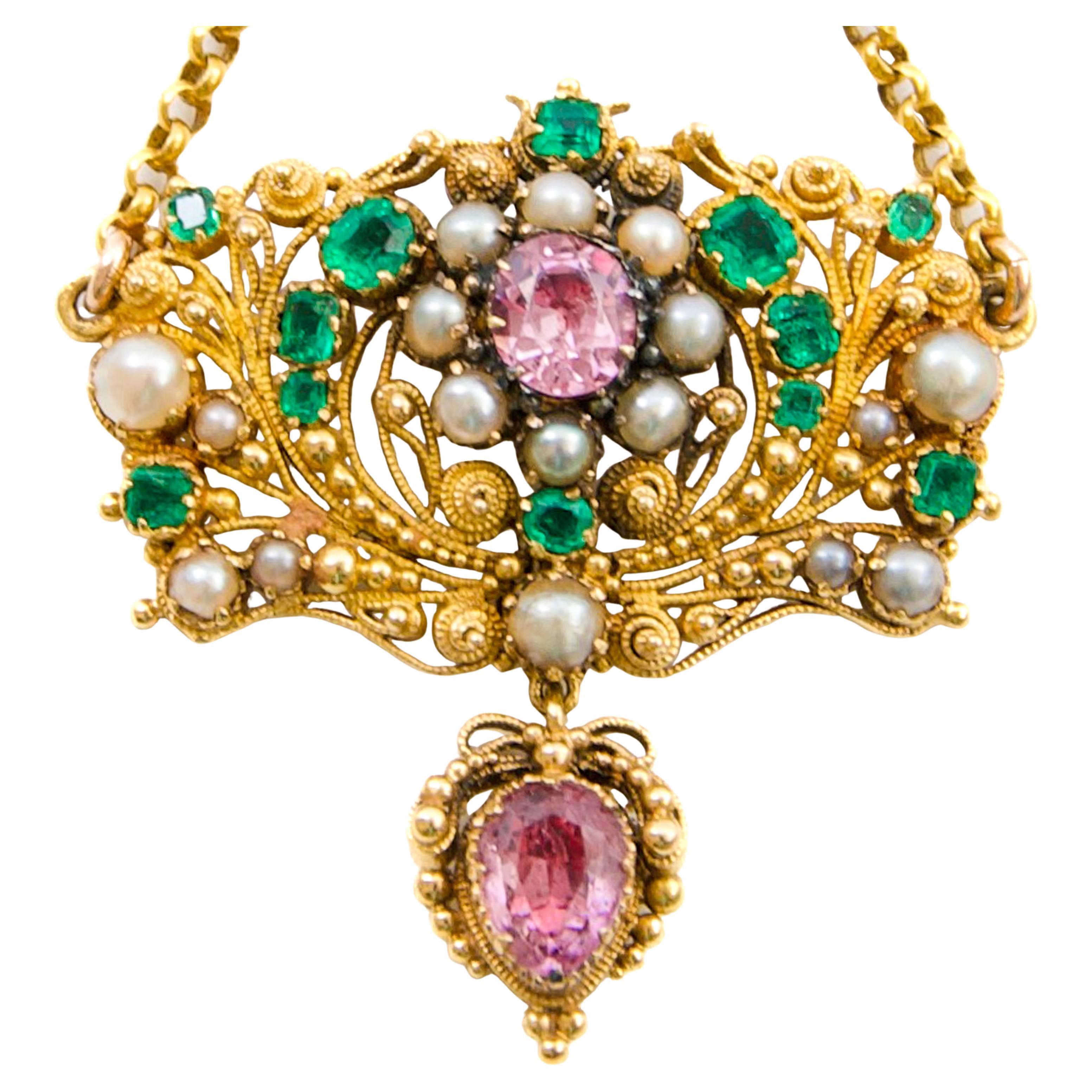 Viktorianischer filigraner viktorianischer Anhänger aus 14 Karat Gold mit Perlen, Smaragden und rosa Topas, um 1850