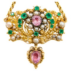 Viktorianischer filigraner viktorianischer Anhänger aus 14 Karat Gold mit Perlen, Smaragden und rosa Topas, um 1850