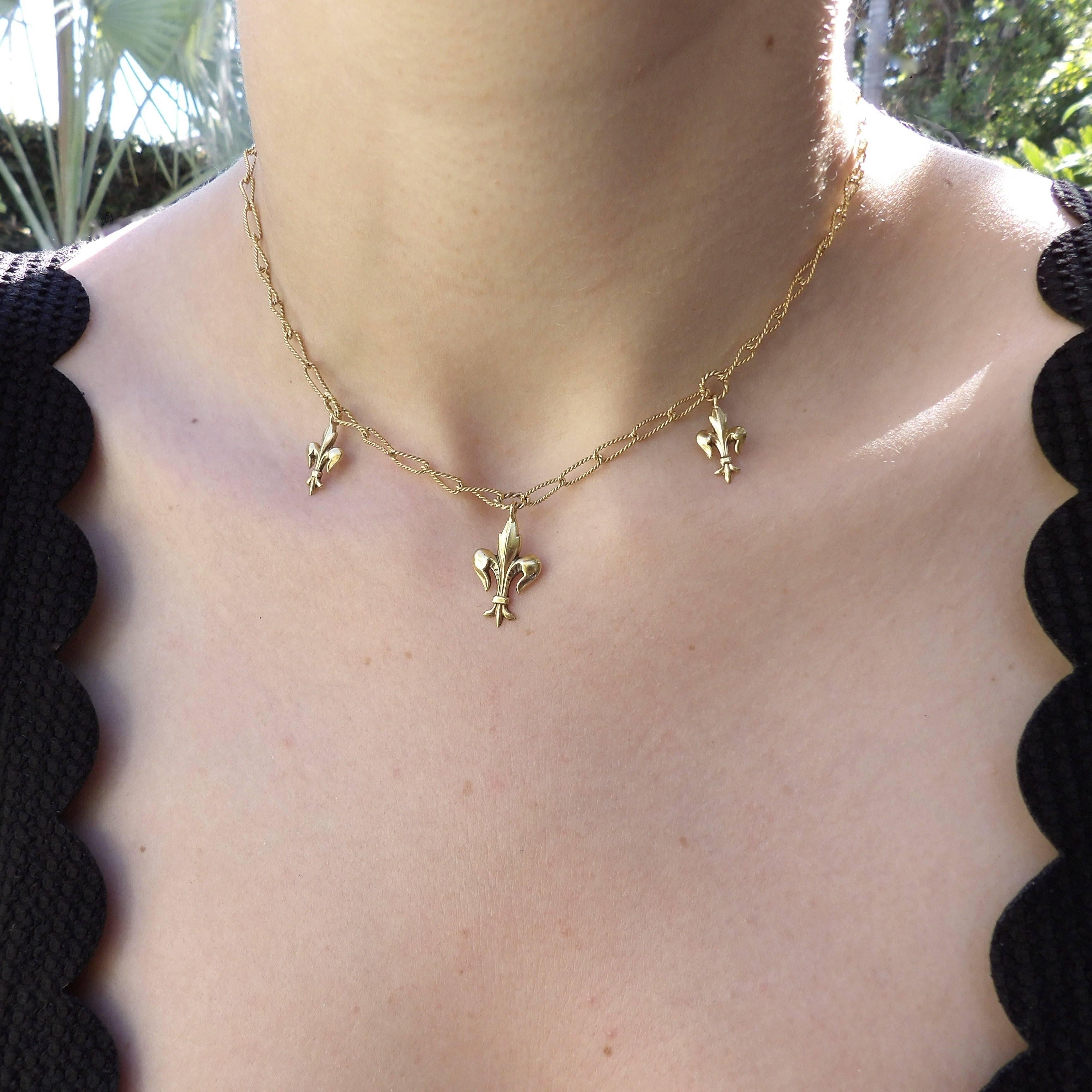 Women's Victorian 14K Gold Fleur-De-Lis Necklace with Handmade Chain For Sale