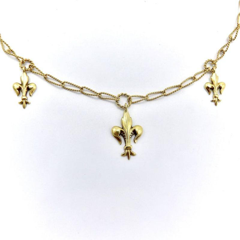 Victorian 14K Gold Fleur-De-Lis Necklace with Handmade Chain For Sale 1