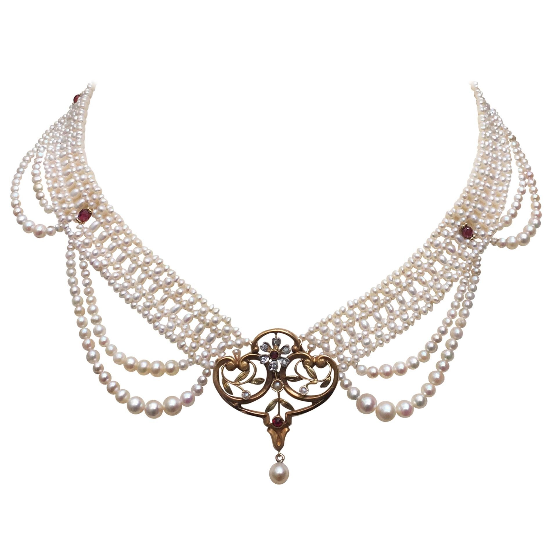 Marina J White Pearl Woven Necklace with Victorian 14k Yellow Gold Centerpiece  