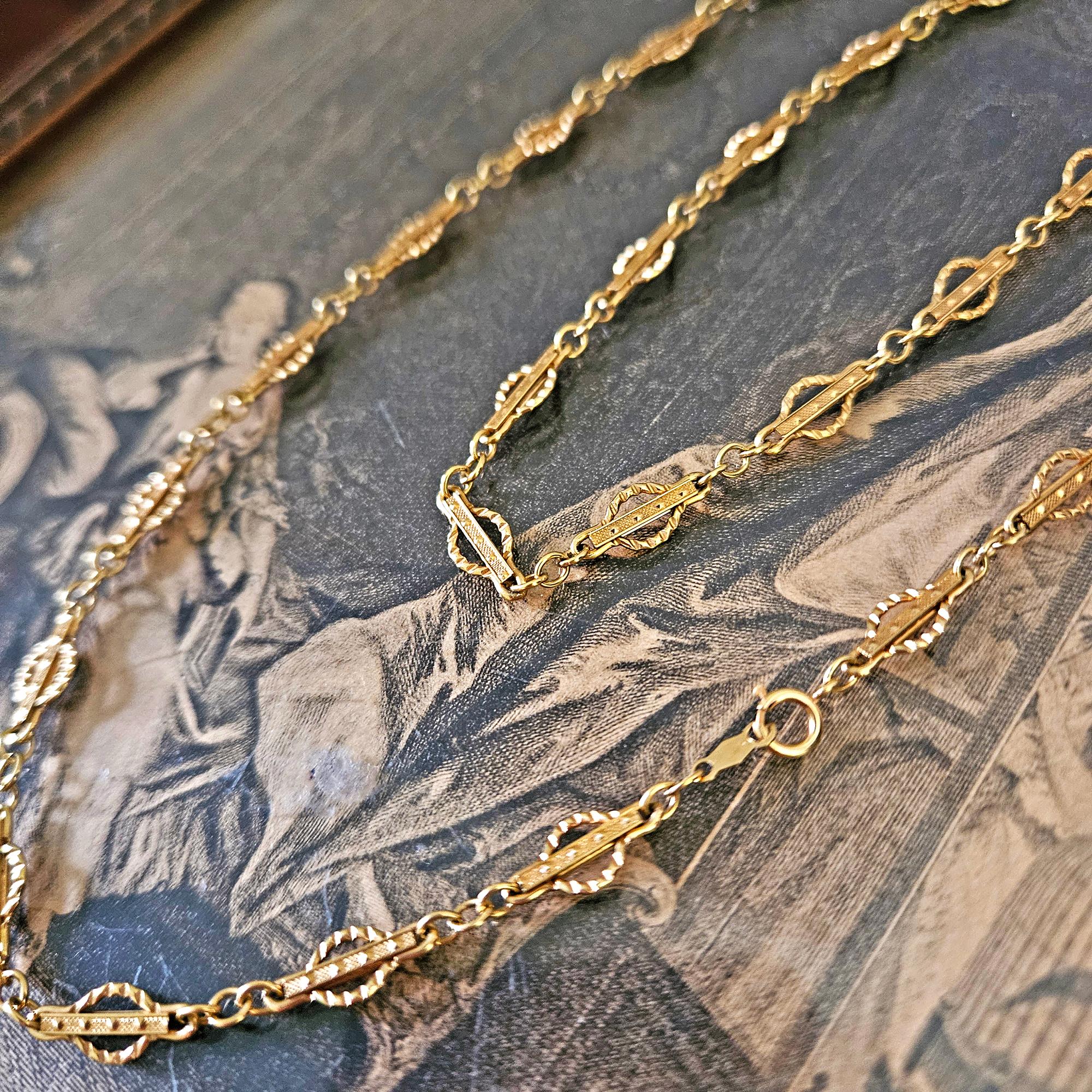 Viktorianische 14k Gold Gothic Revival Geometrische antike Sautoir Halskette Kette 20,5