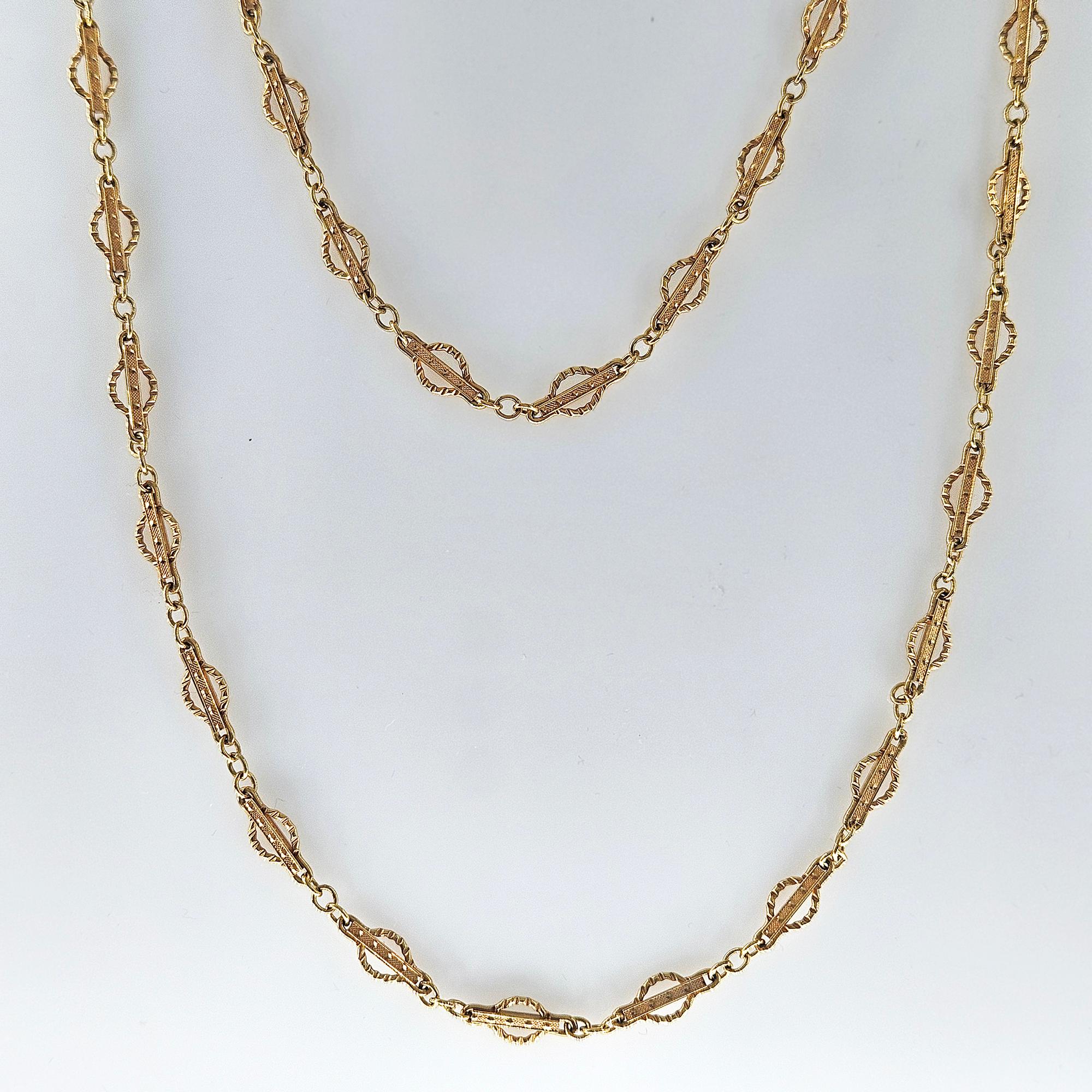 Viktorianische 14k Gold Gothic Revival Geometrische antike Sautoir Halskette Kette 20,5
