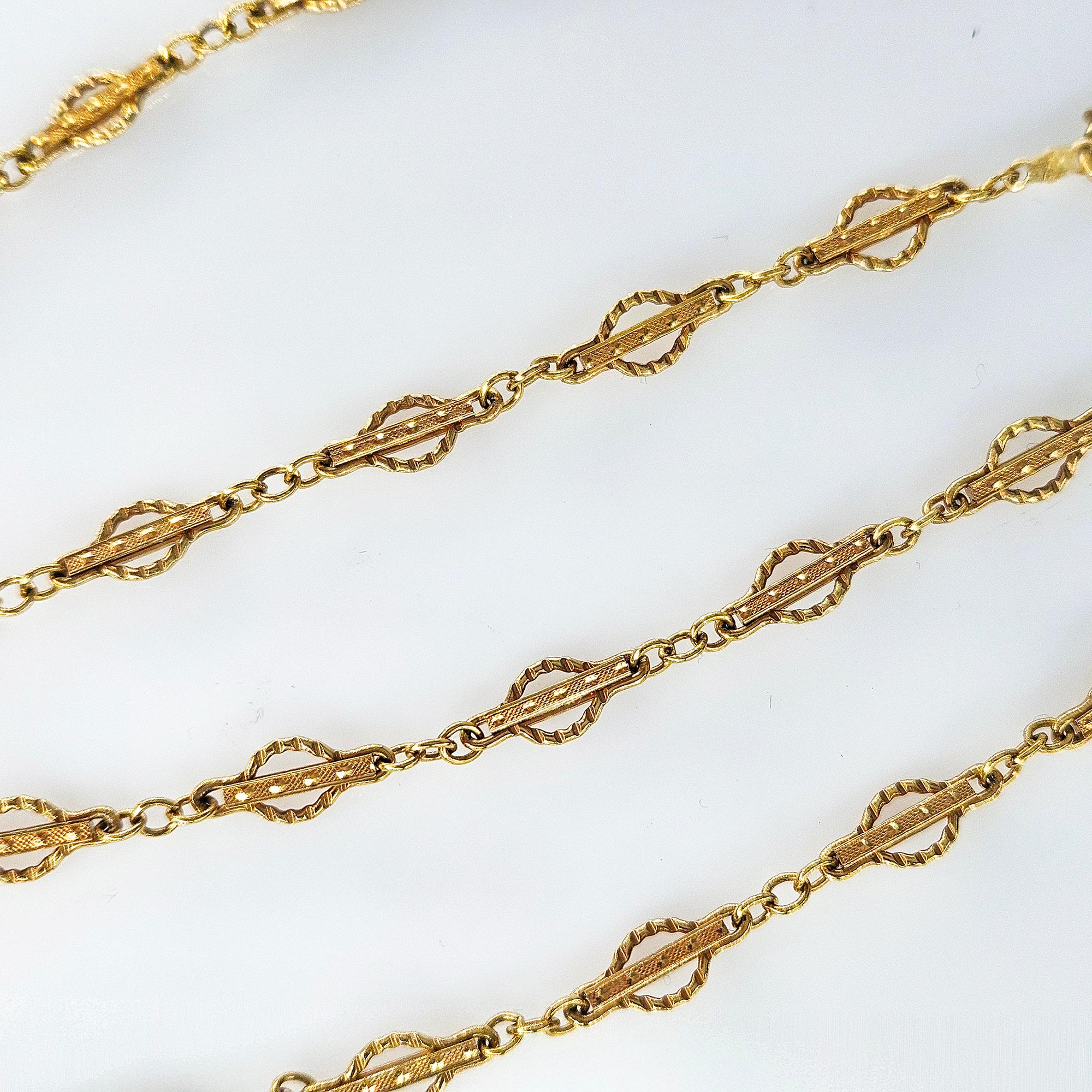 Viktorianische 14k Gold Gothic Revival Geometrische antike Sautoir Halskette Kette 20,5