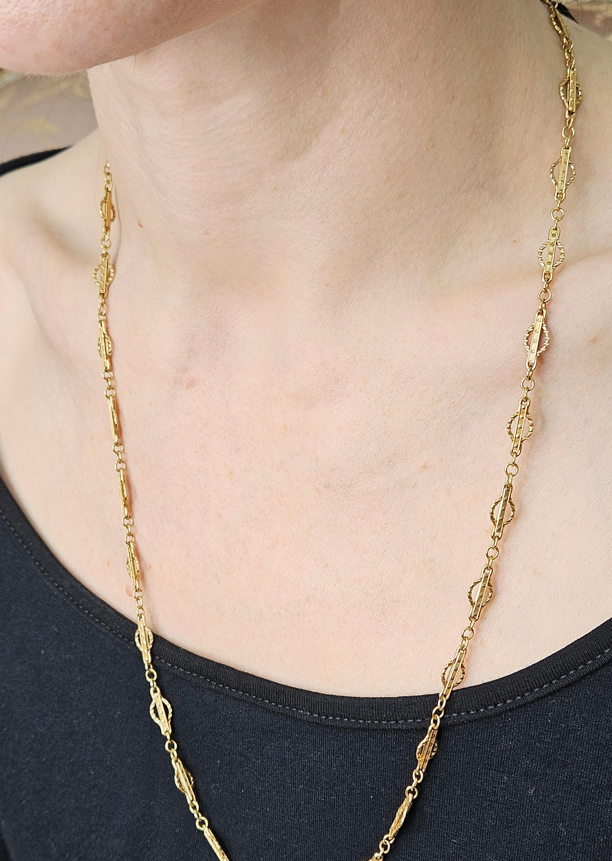 Viktorianische 14k Gold Gothic Revival Geometrische antike Sautoir Halskette Kette 20,5