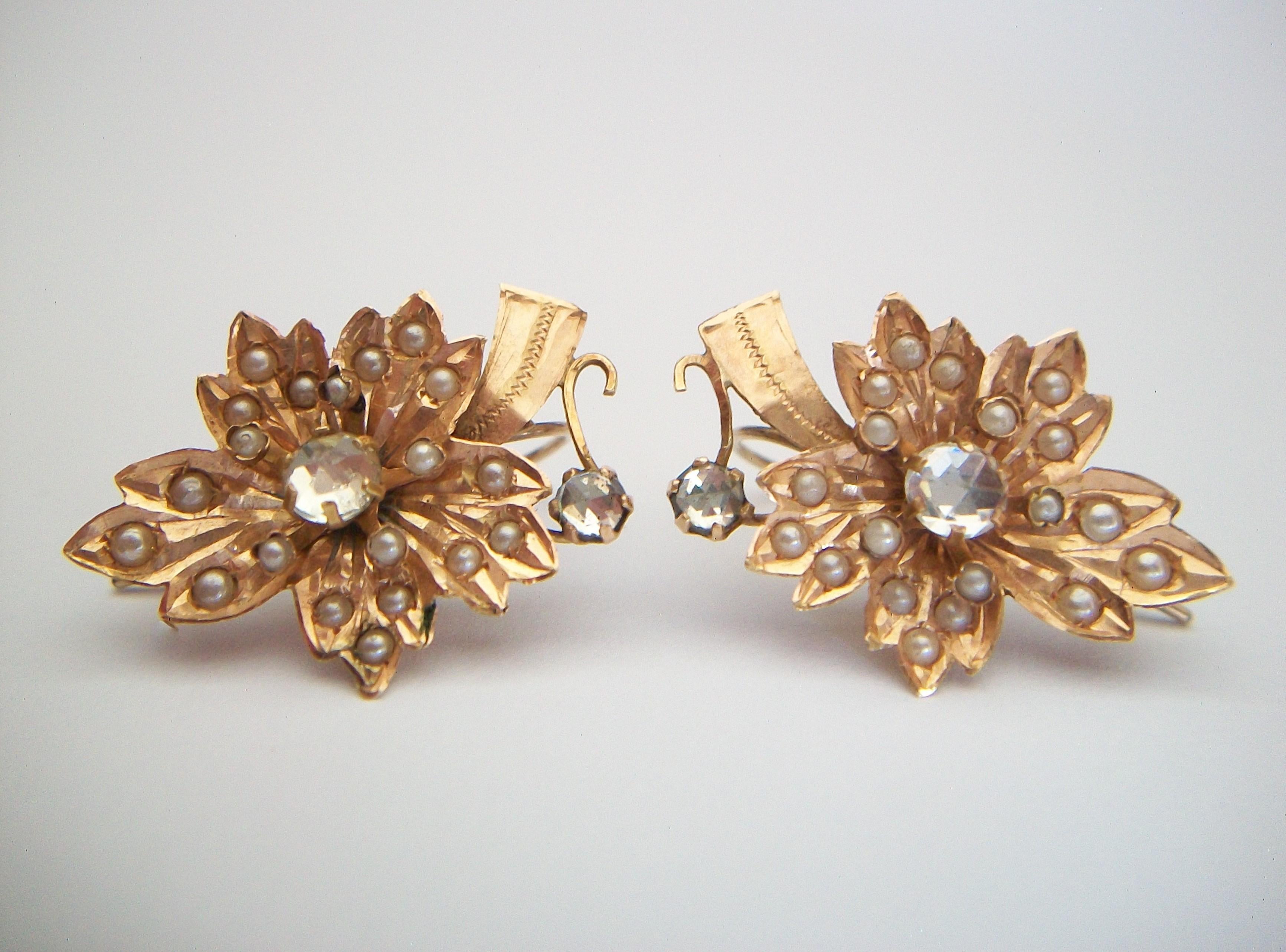 Round Cut Victorian 14K Gold 'Leaf' Earrings with Seed Pearls & Paste - E.U. - Circa 1880 For Sale