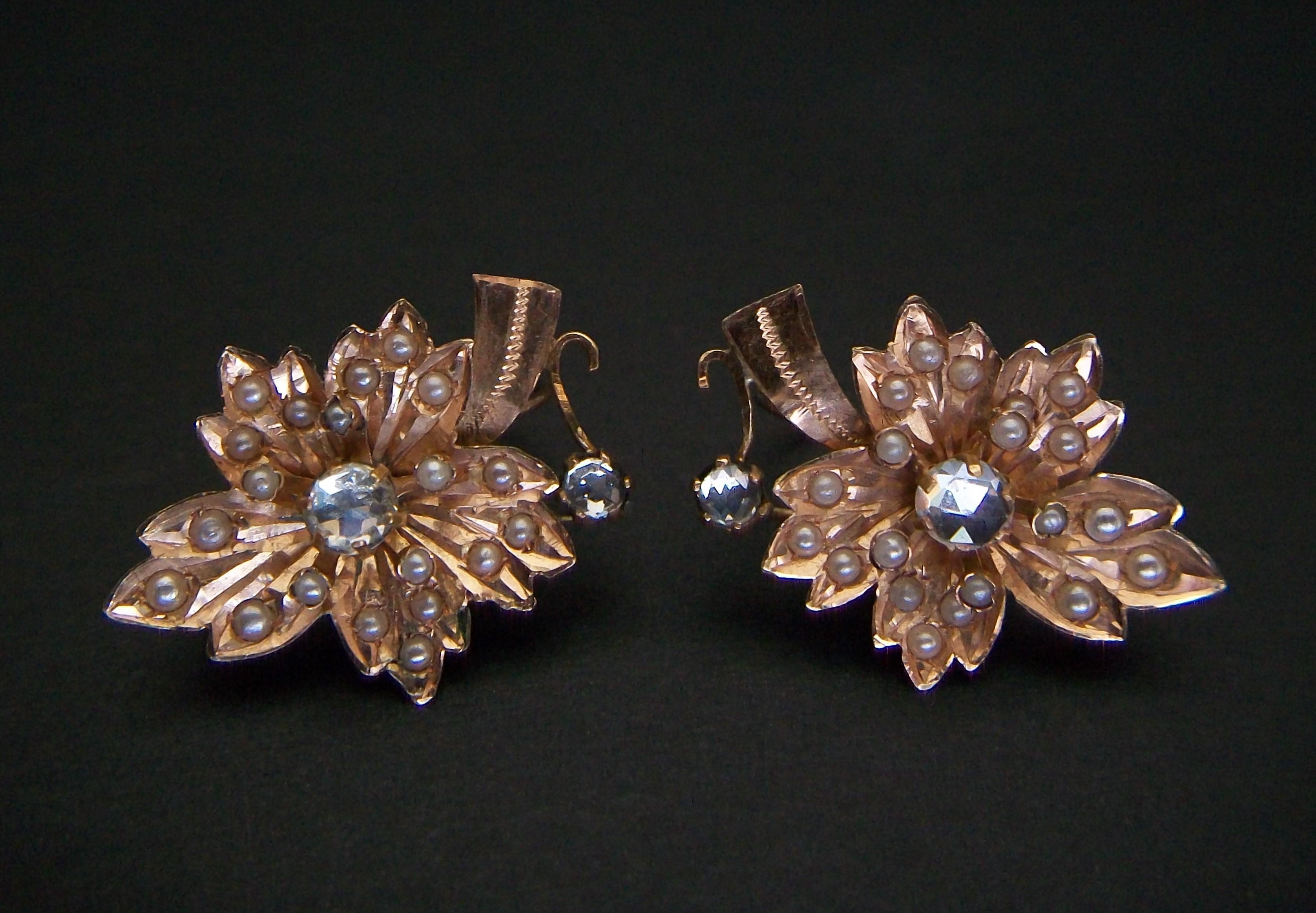 Victorian 14K Gold 'Leaf' Earrings with Seed Pearls & Paste - E.U. - Circa 1880 In Good Condition For Sale In Chatham, CA