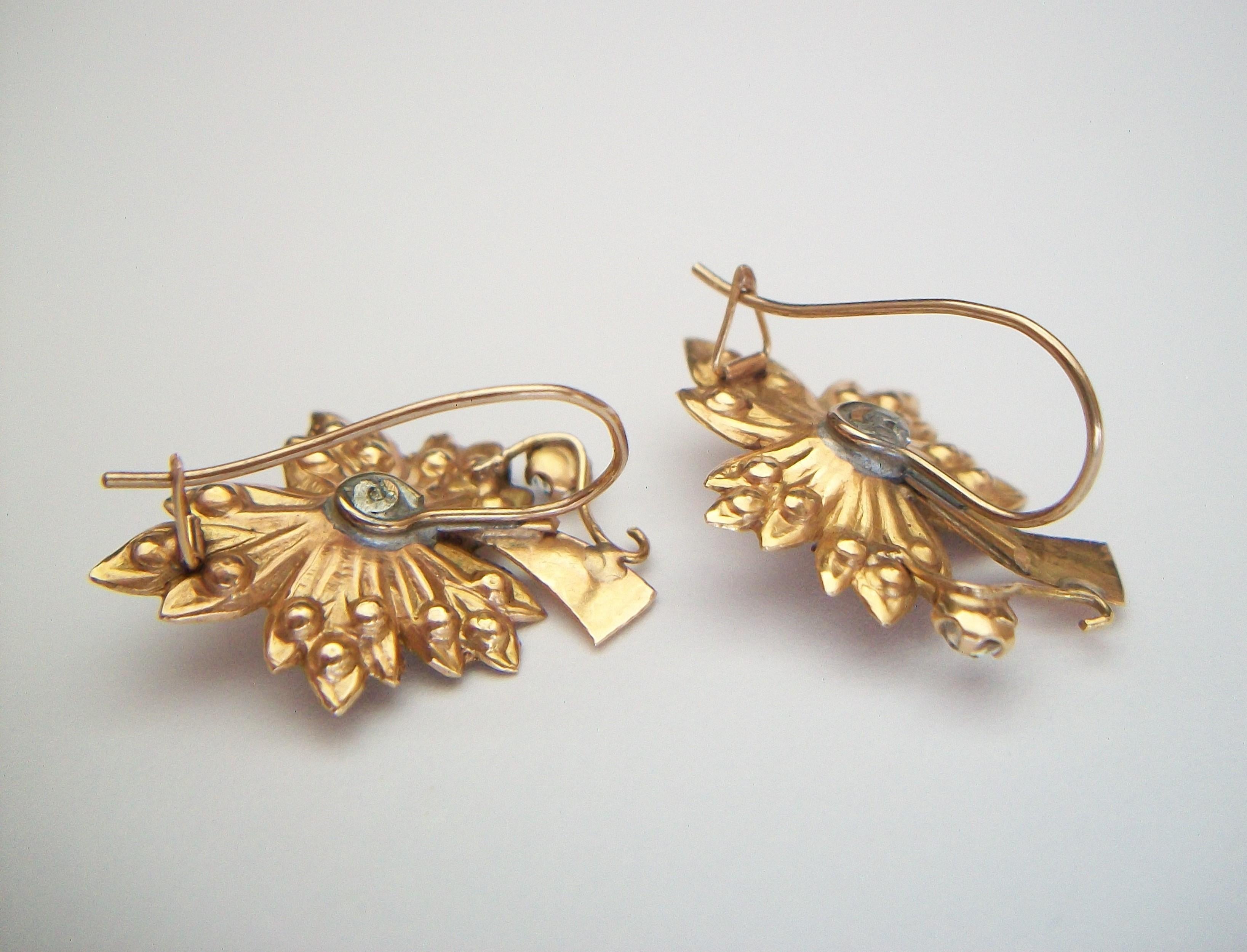 Women's Victorian 14K Gold 'Leaf' Earrings with Seed Pearls & Paste - E.U. - Circa 1880 For Sale