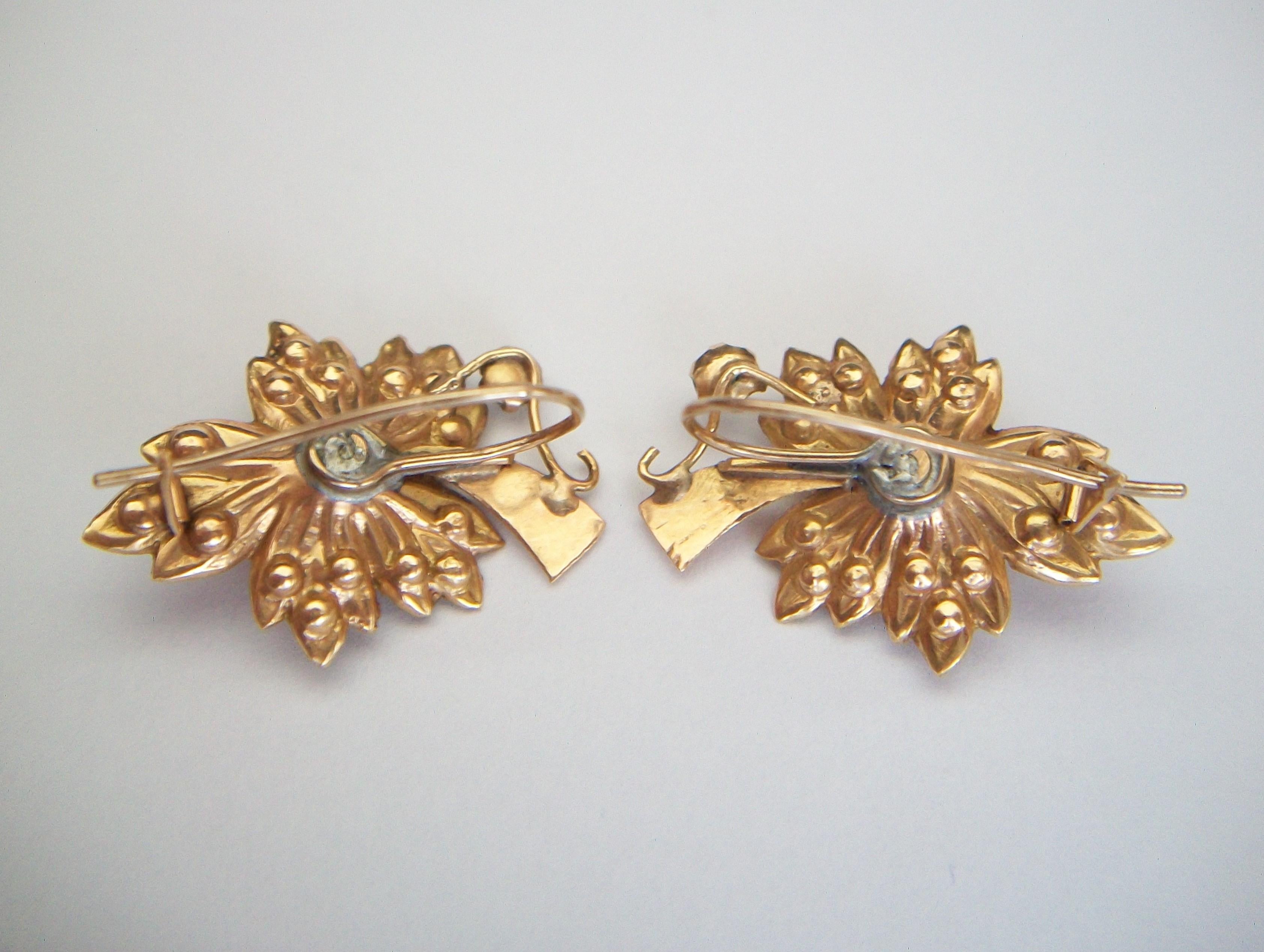 Victorian 14K Gold 'Leaf' Earrings with Seed Pearls & Paste - E.U. - Circa 1880 For Sale 1