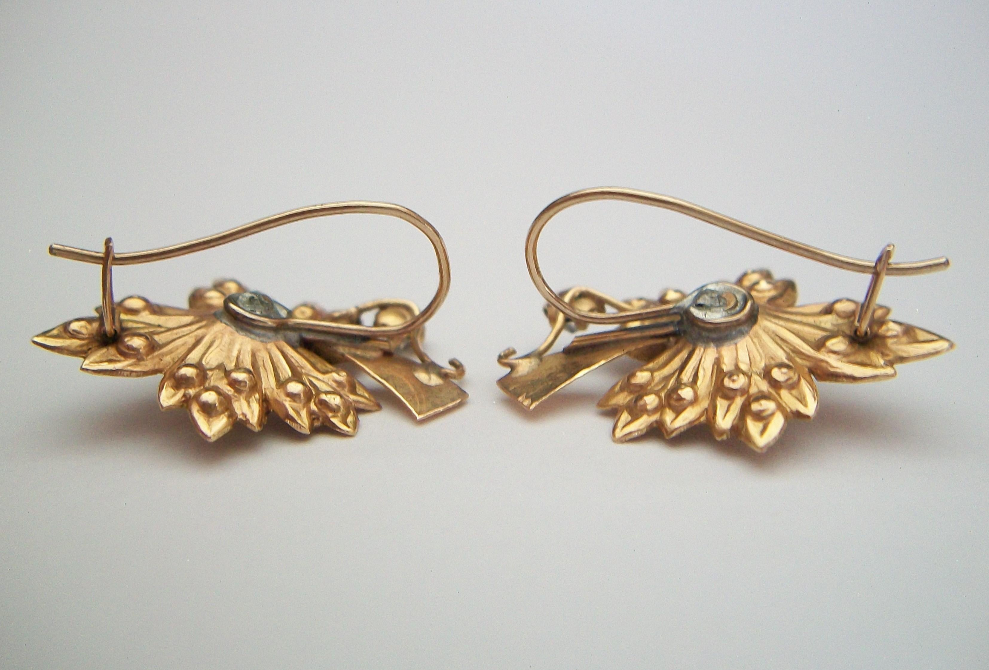 Victorian 14K Gold 'Leaf' Earrings with Seed Pearls & Paste - E.U. - Circa 1880 For Sale 2