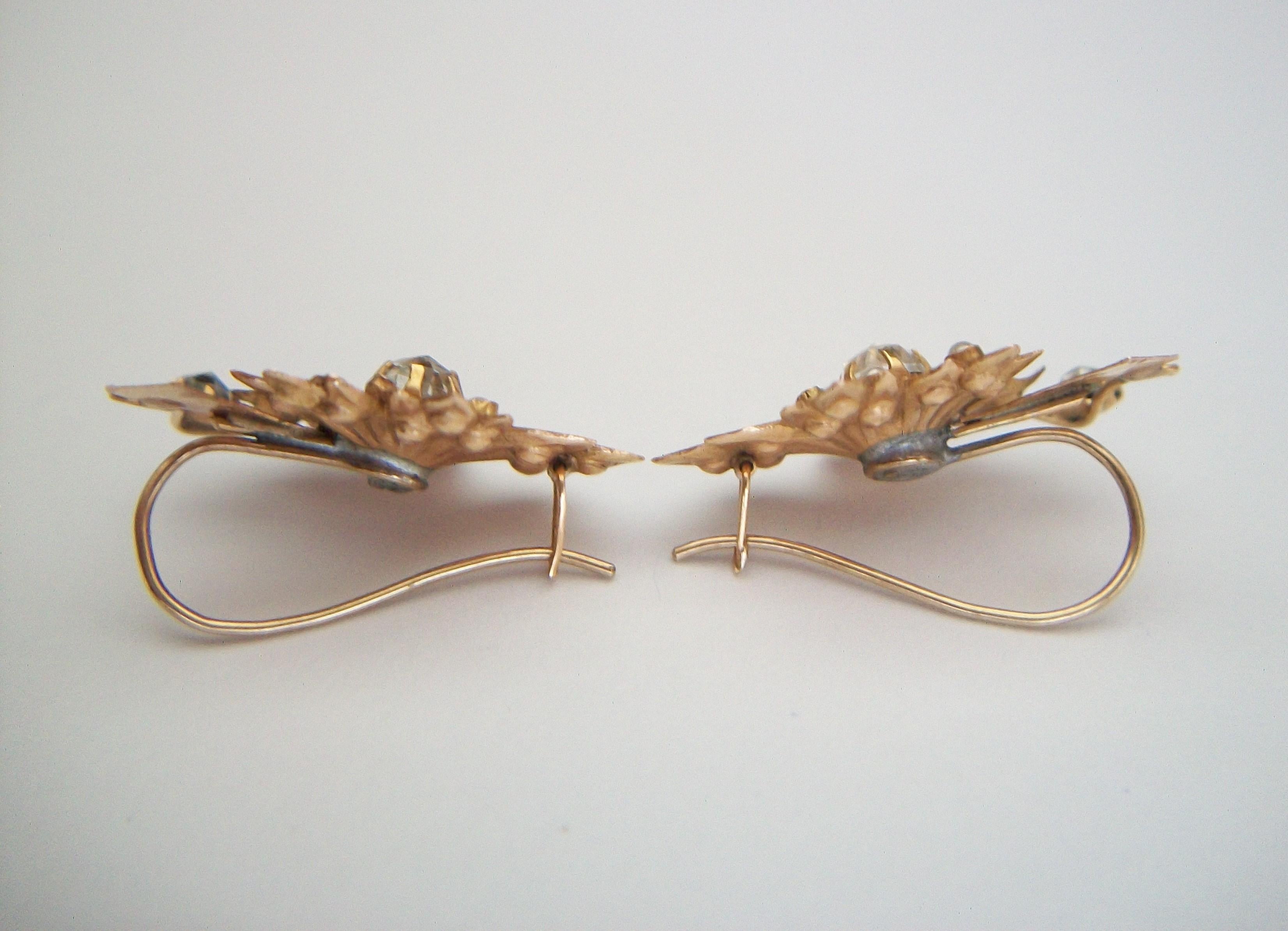 Victorian 14K Gold 'Leaf' Earrings with Seed Pearls & Paste - E.U. - Circa 1880 For Sale 3