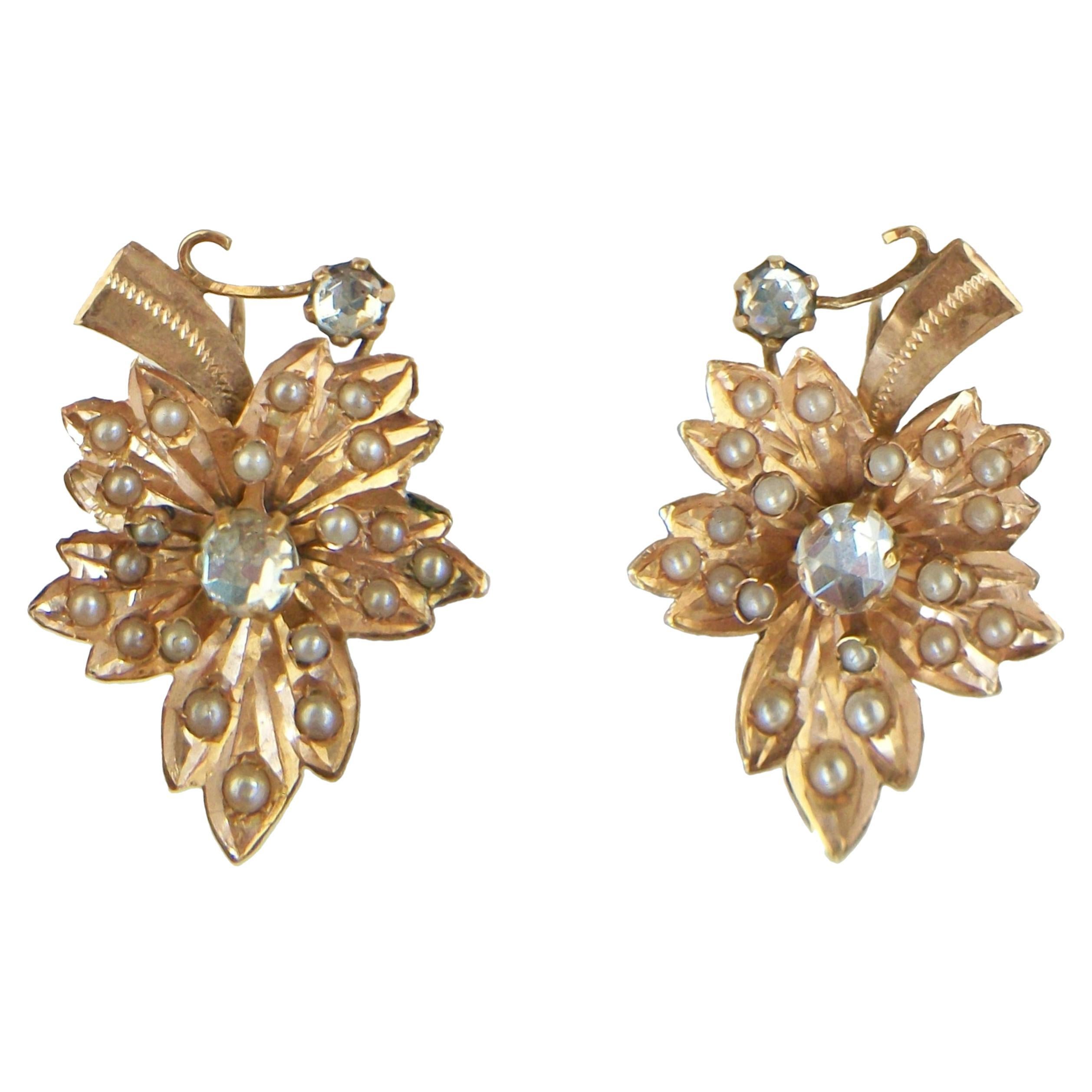 Victorian 14K Gold 'Leaf' Earrings with Seed Pearls & Paste - E.U. - Circa 1880 For Sale