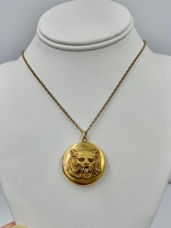 Victorian 14K Gold Lion Locket Necklace with Diamond & Ruby Eyes