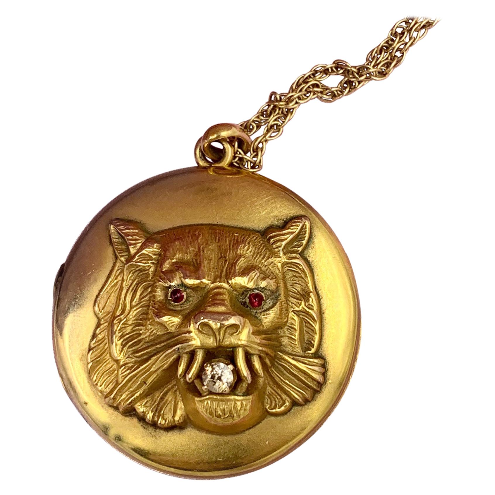 Victorian 14K Gold Lion Locket Necklace with Diamond & Ruby Eyes