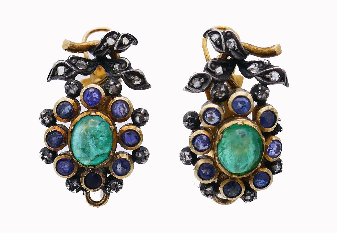 Mixed Cut Victorian 14k Gold Multi-Gem Dangle Earrings Day & Night Antique