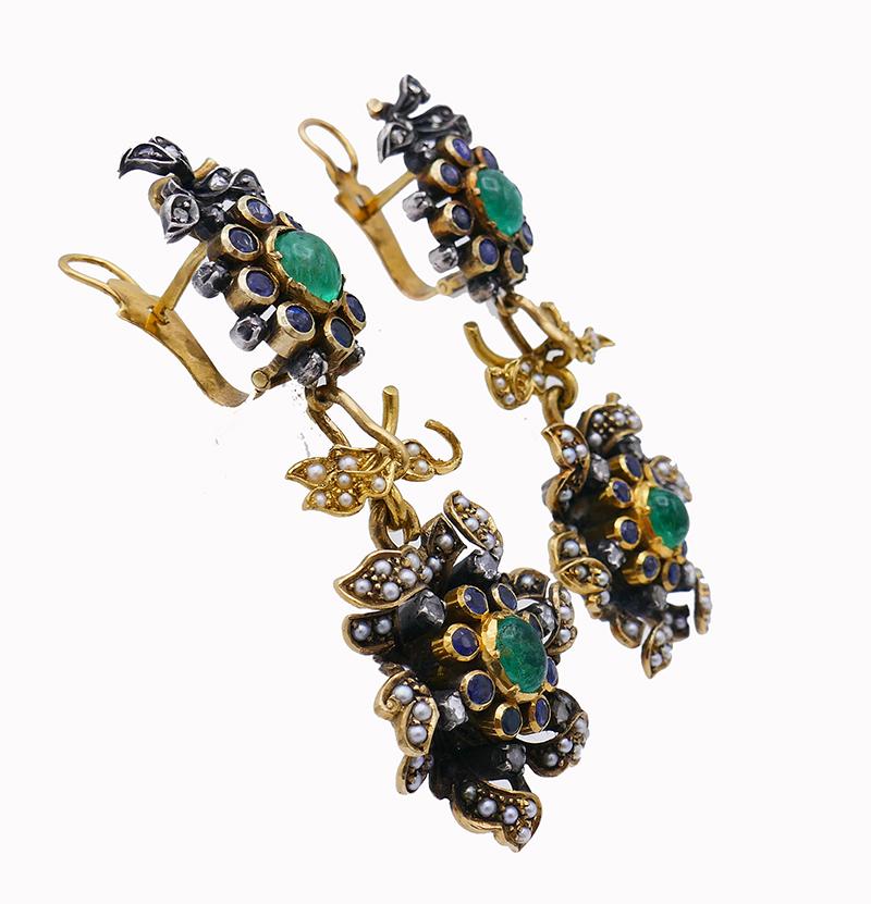 Victorian 14k Gold Multi-Gem Dangle Earrings Day & Night Antique In Good Condition In Beverly Hills, CA
