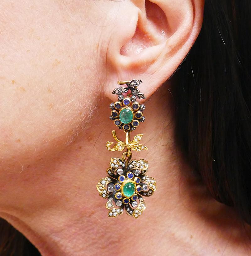 Victorian 14k Gold Multi-Gem Dangle Earrings Day & Night Antique 2