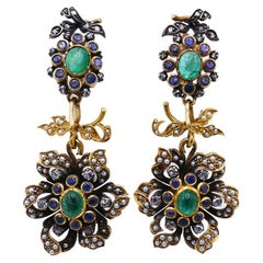 Victorian 14k Gold Multi-Gem Dangle Earrings Day & Night Antique