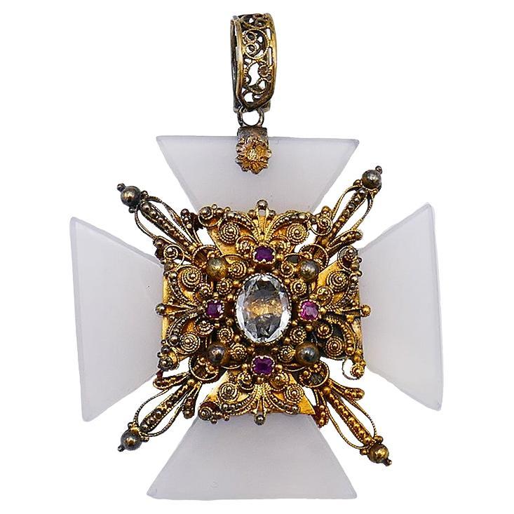 Victorian 14k Gold Multi-Gems Maltese Cross Pendant