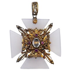 Victorian 14k Gold Multi-Gems Maltese Cross Pendant