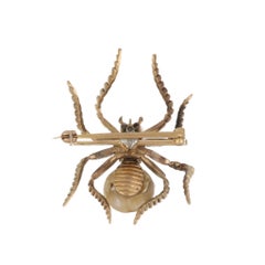 Victorian 14K Gold Natural Pearl and Emerald Spider Brooch