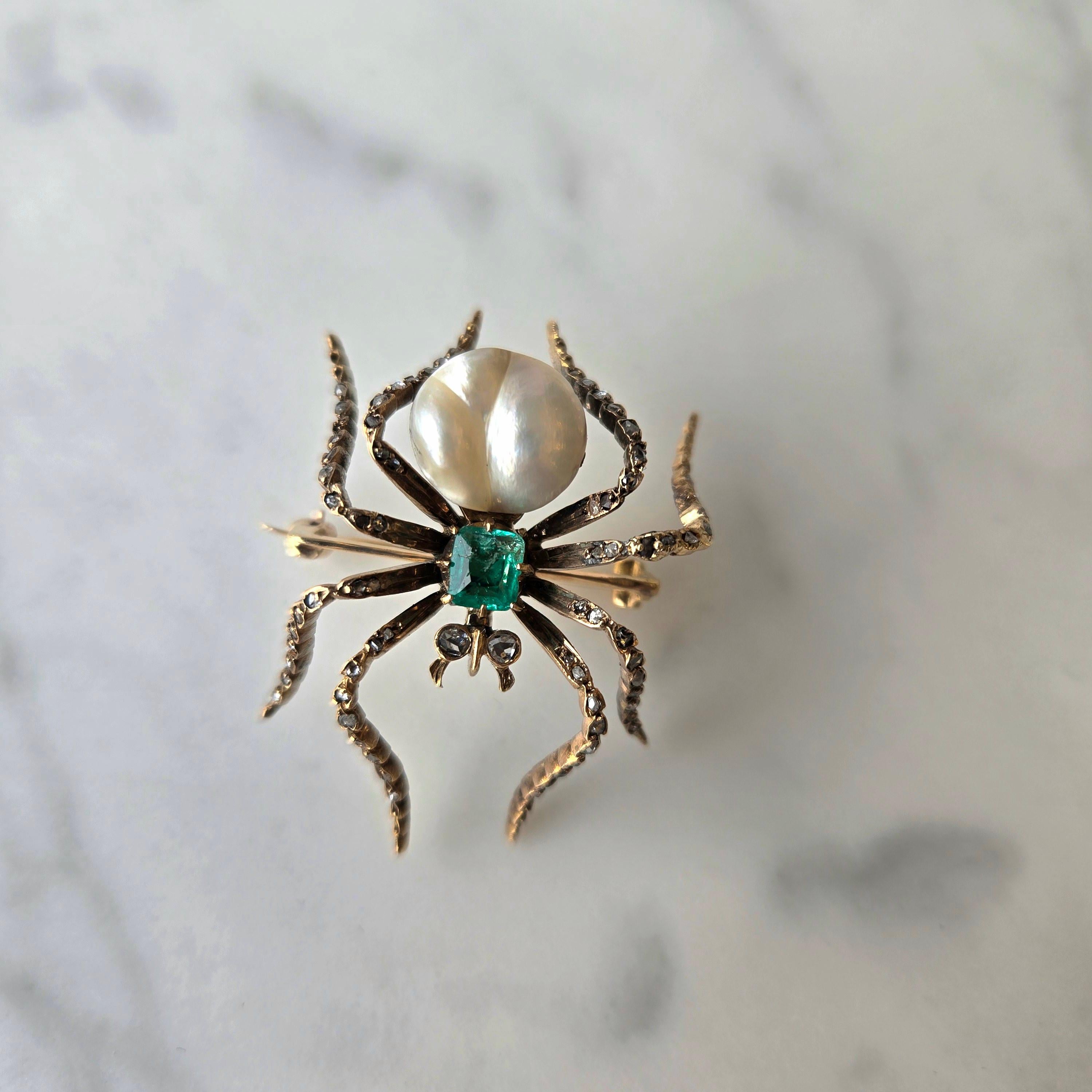 Rose Cut Victorian 14K Gold Natural Pearl and Emerald Spider Brooch For Sale