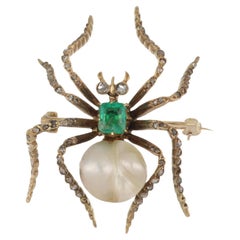 Victorian 14K Gold Natural Pearl and Emerald Spider Brooch