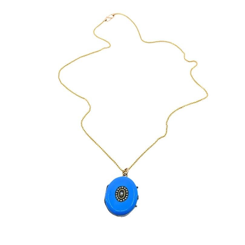 Viktorianische 14k Gold Halskette Blau Emaille Medaillon Anhänger (Gemischter Schliff) im Angebot