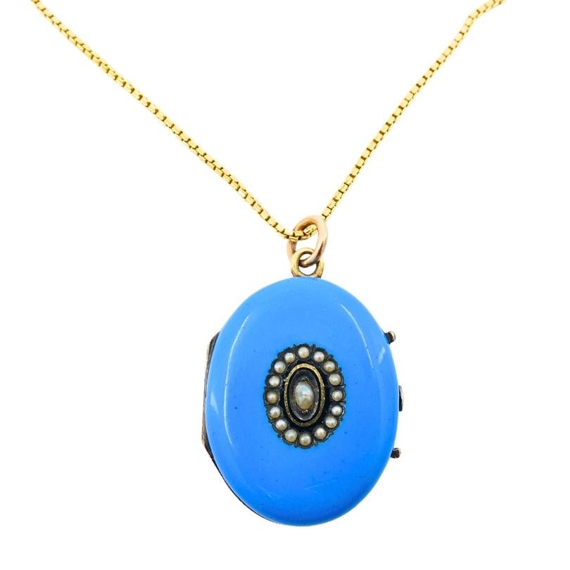 Viktorianische 14k Gold Halskette Blau Emaille Medaillon Anhänger im Zustand „Gut“ im Angebot in Beverly Hills, CA