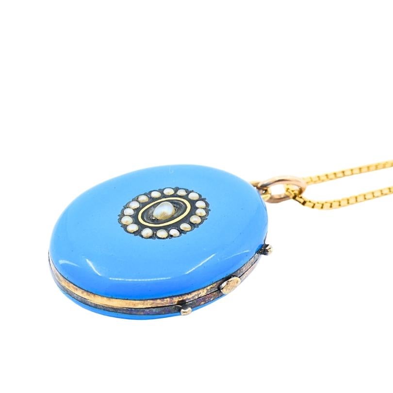 Viktorianische 14k Gold Halskette Blau Emaille Medaillon Anhänger für Damen oder Herren im Angebot