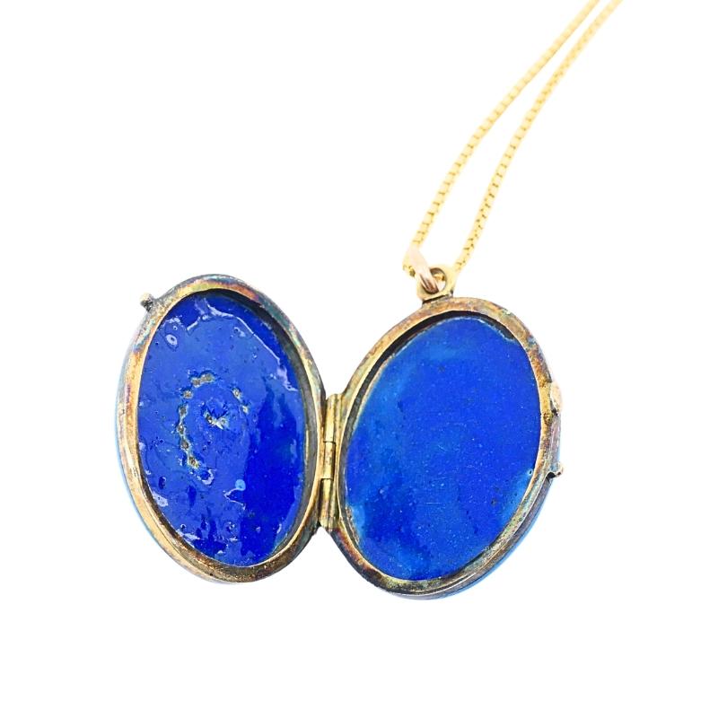 Viktorianische 14k Gold Halskette Blau Emaille Medaillon Anhänger im Angebot 1