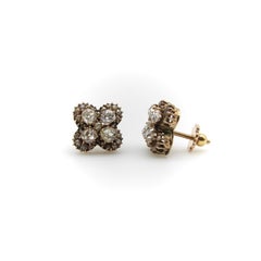 Victorian 14K Gold Old Mine Cut Diamond and Pearl Quatrefoil Earrings