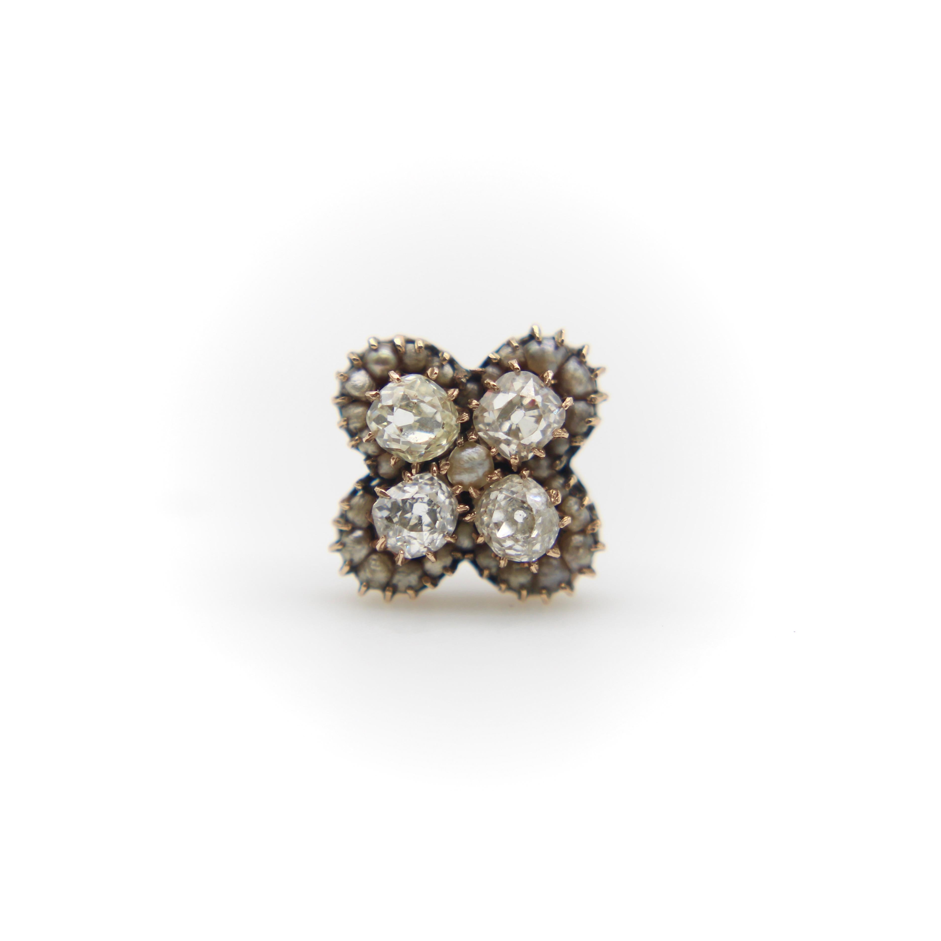 Victorian 14K Gold Old Mine Cut Diamond and Pearl Quatrefoil Earrings In Good Condition For Sale In Venice, CA