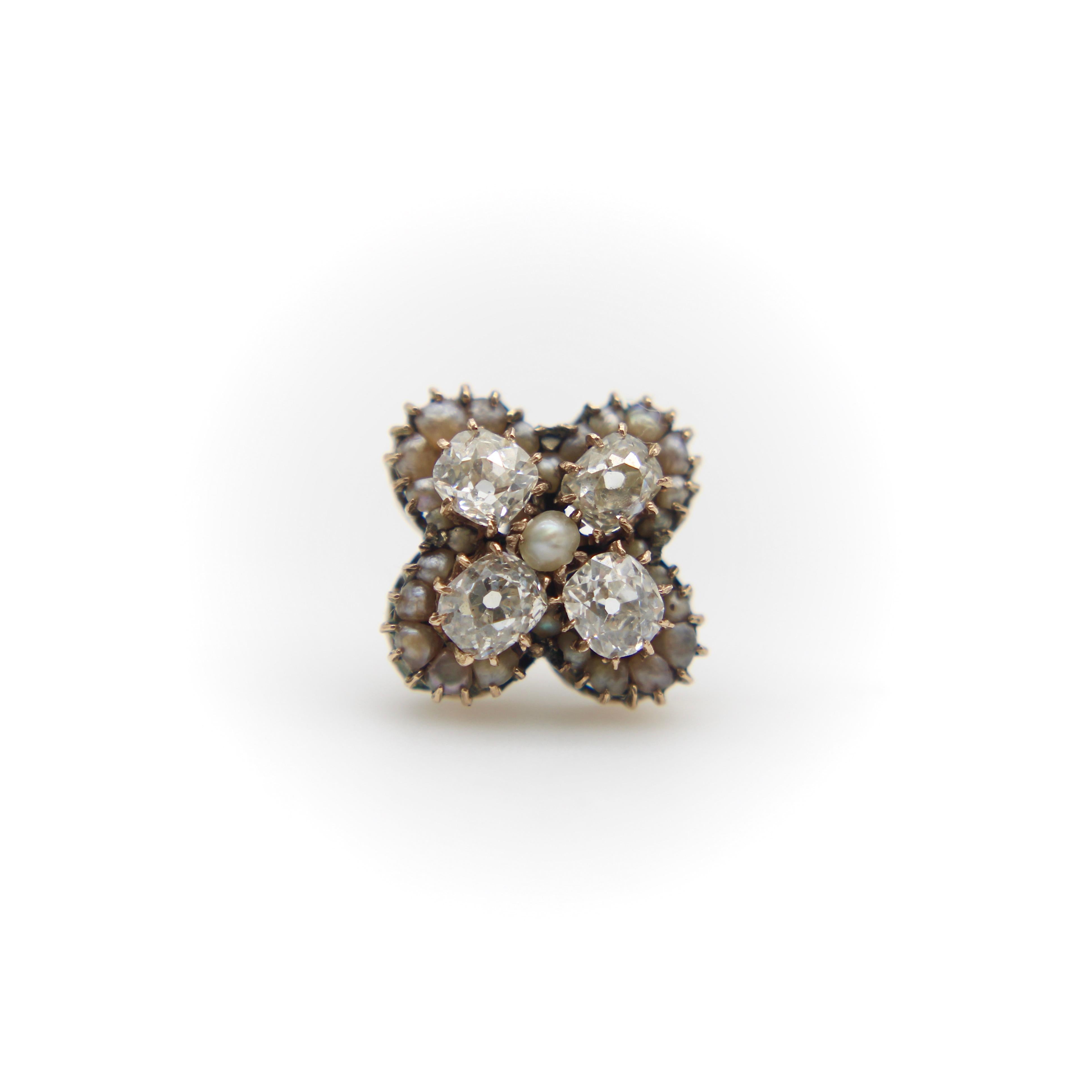 Women's or Men's Victorian 14K Gold Old Mine Cut Diamond and Pearl Quatrefoil Earrings For Sale