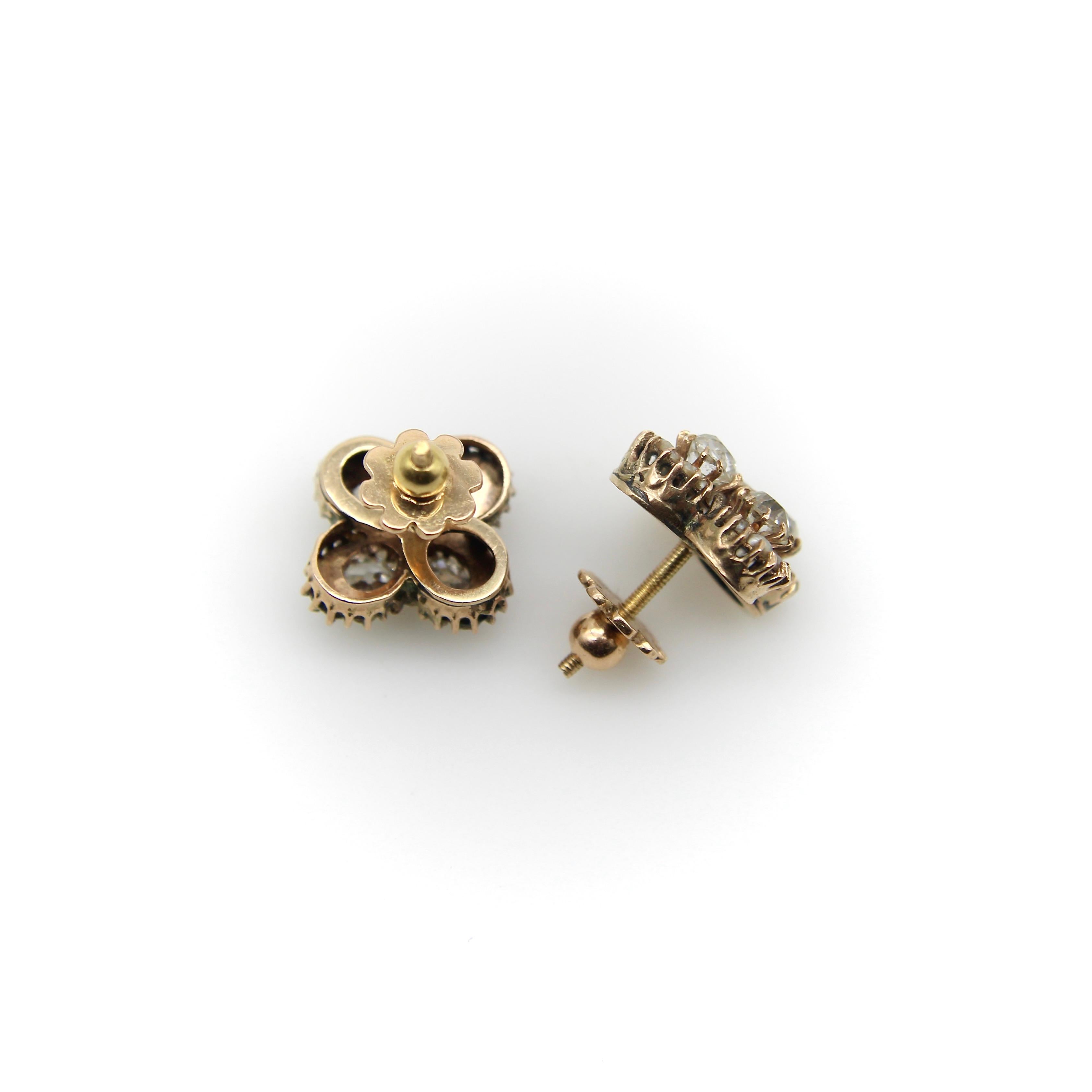 Victorian 14K Gold Old Mine Cut Diamond and Pearl Quatrefoil Earrings For Sale 1