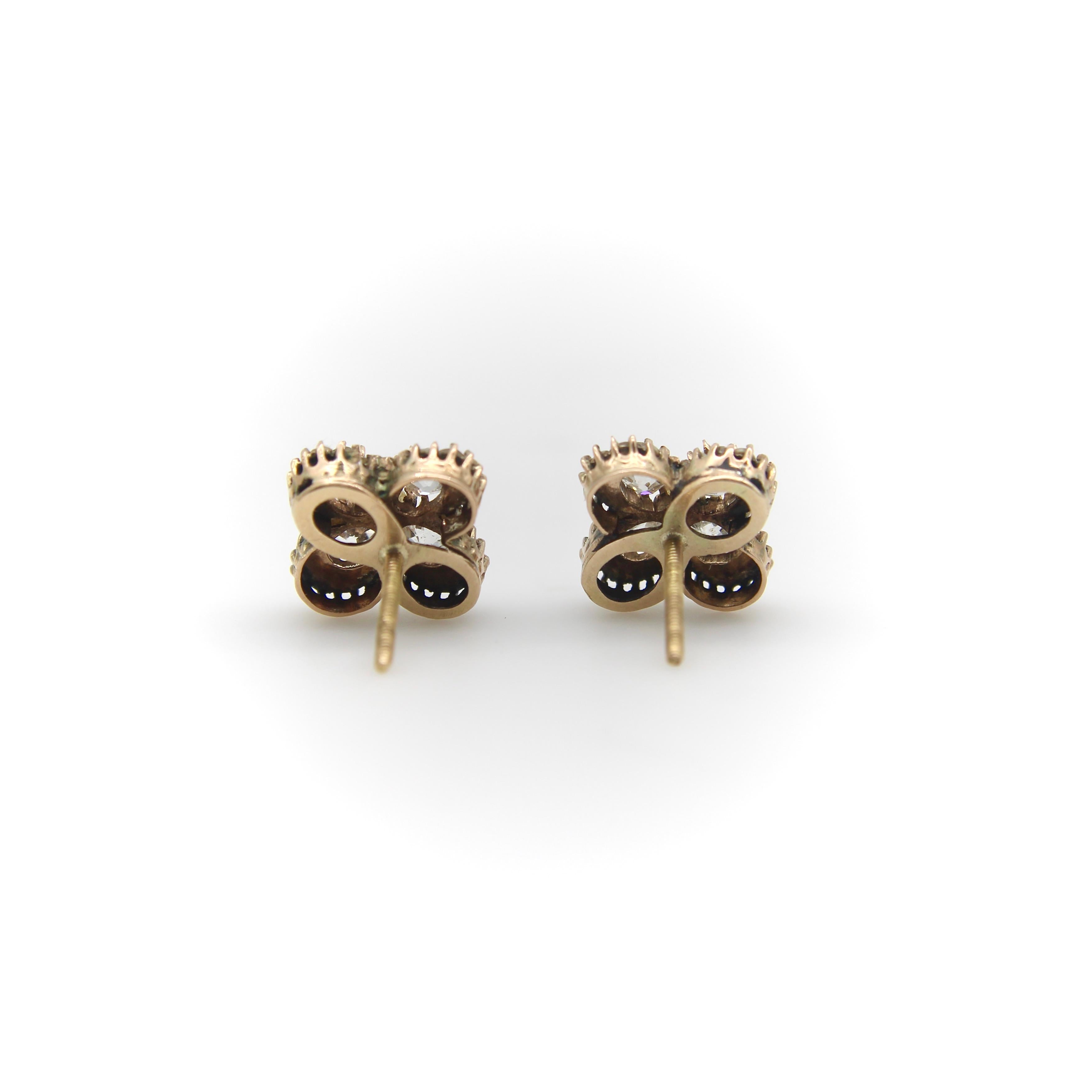 Victorian 14K Gold Old Mine Cut Diamond and Pearl Quatrefoil Earrings For Sale 2