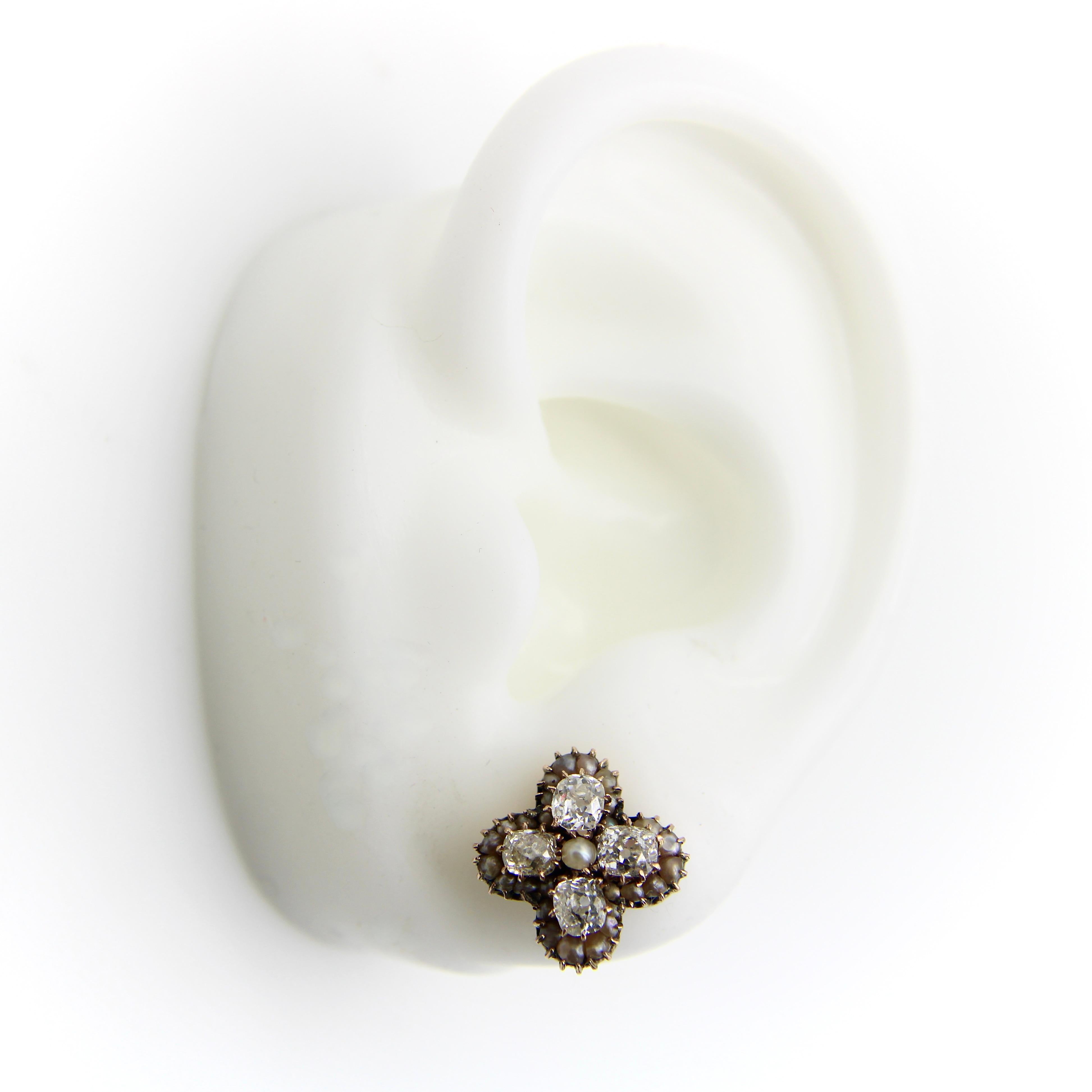 Victorian 14K Gold Old Mine Cut Diamond and Pearl Quatrefoil Earrings For Sale 3