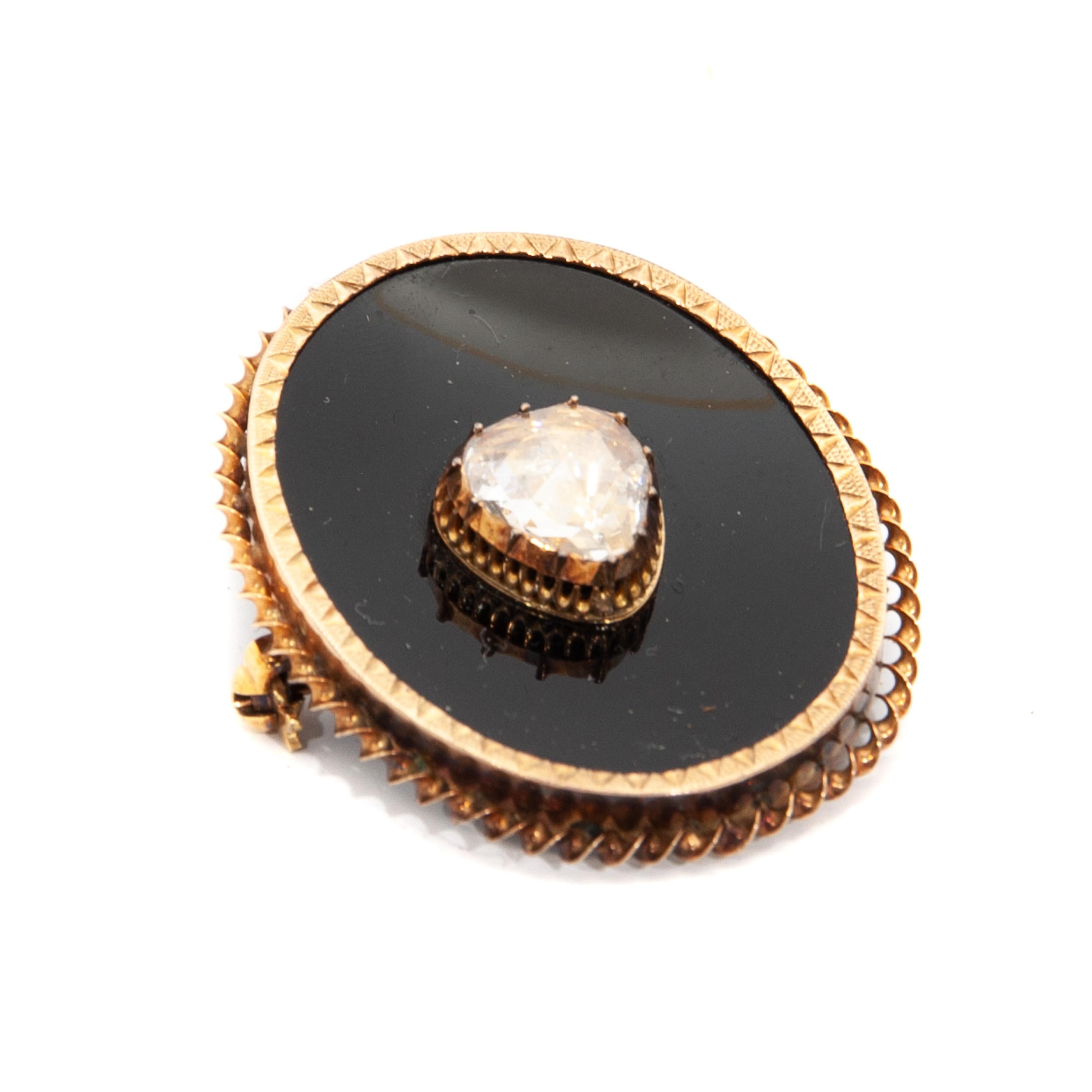Women's or Men's Antique Onyx and Rose Cut Diamond Gold Pin Brooch For Sale