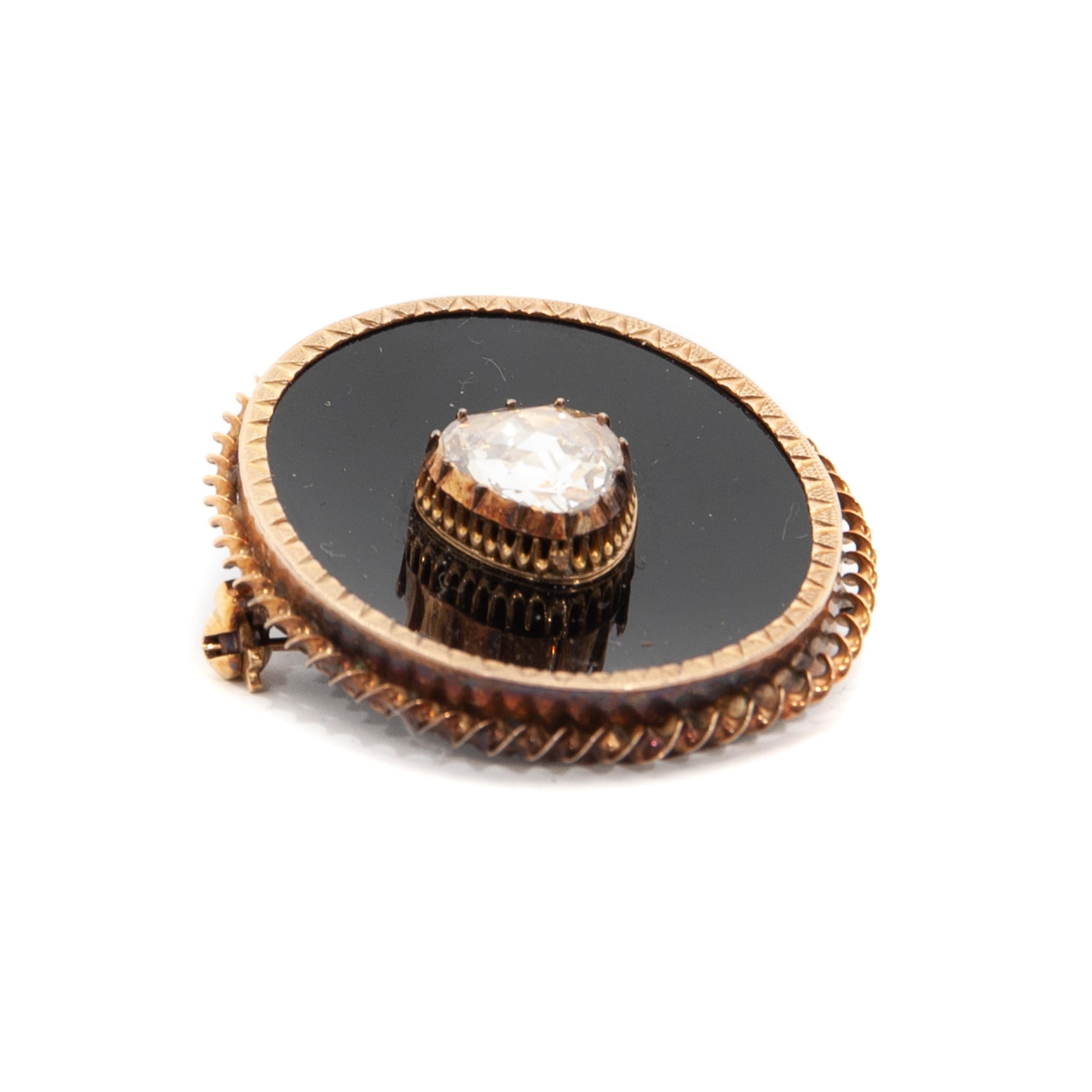 Antique Onyx and Rose Cut Diamond Gold Pin Brooch For Sale 1