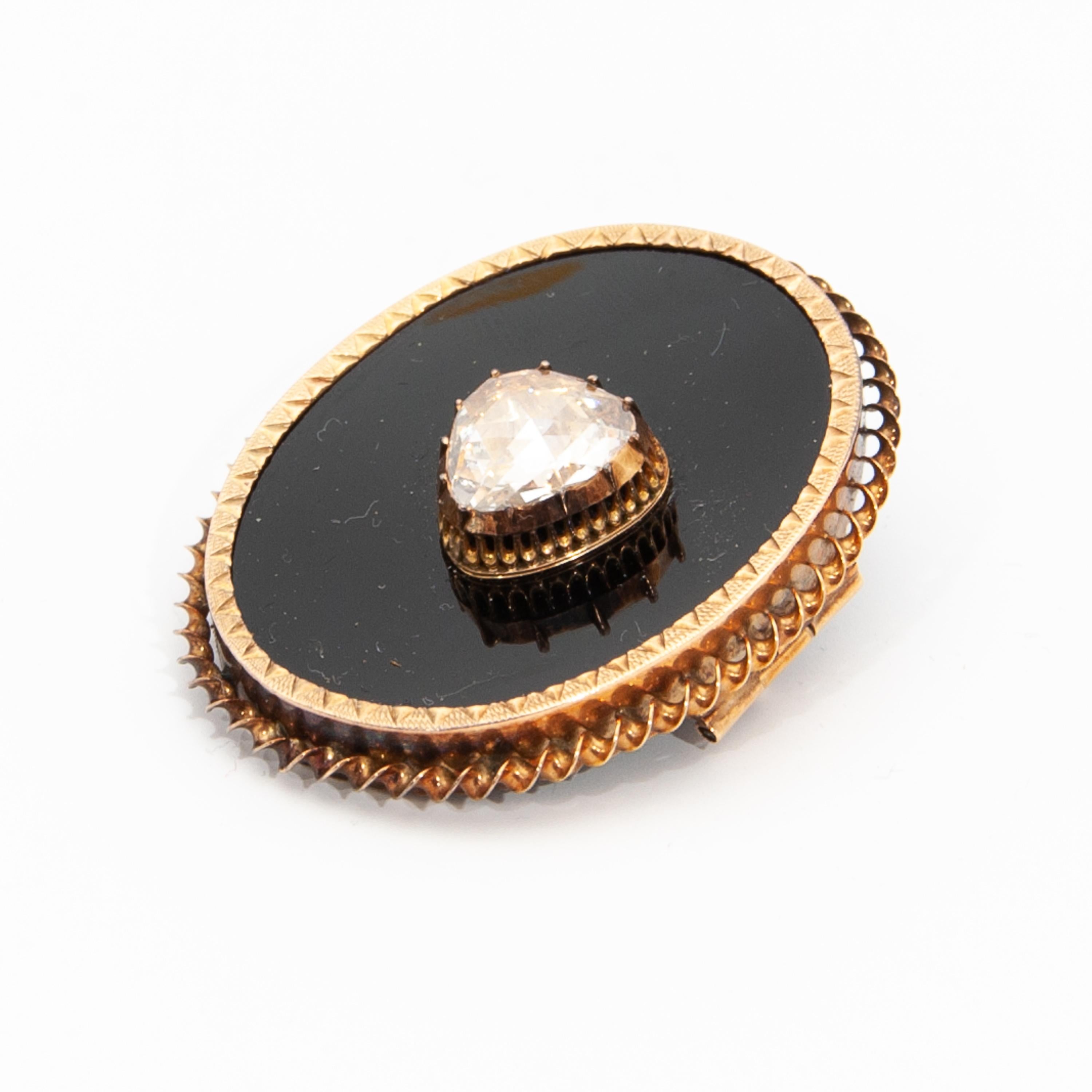 Broche de oro antiguo de ónice y diamantes talla rosa 1
