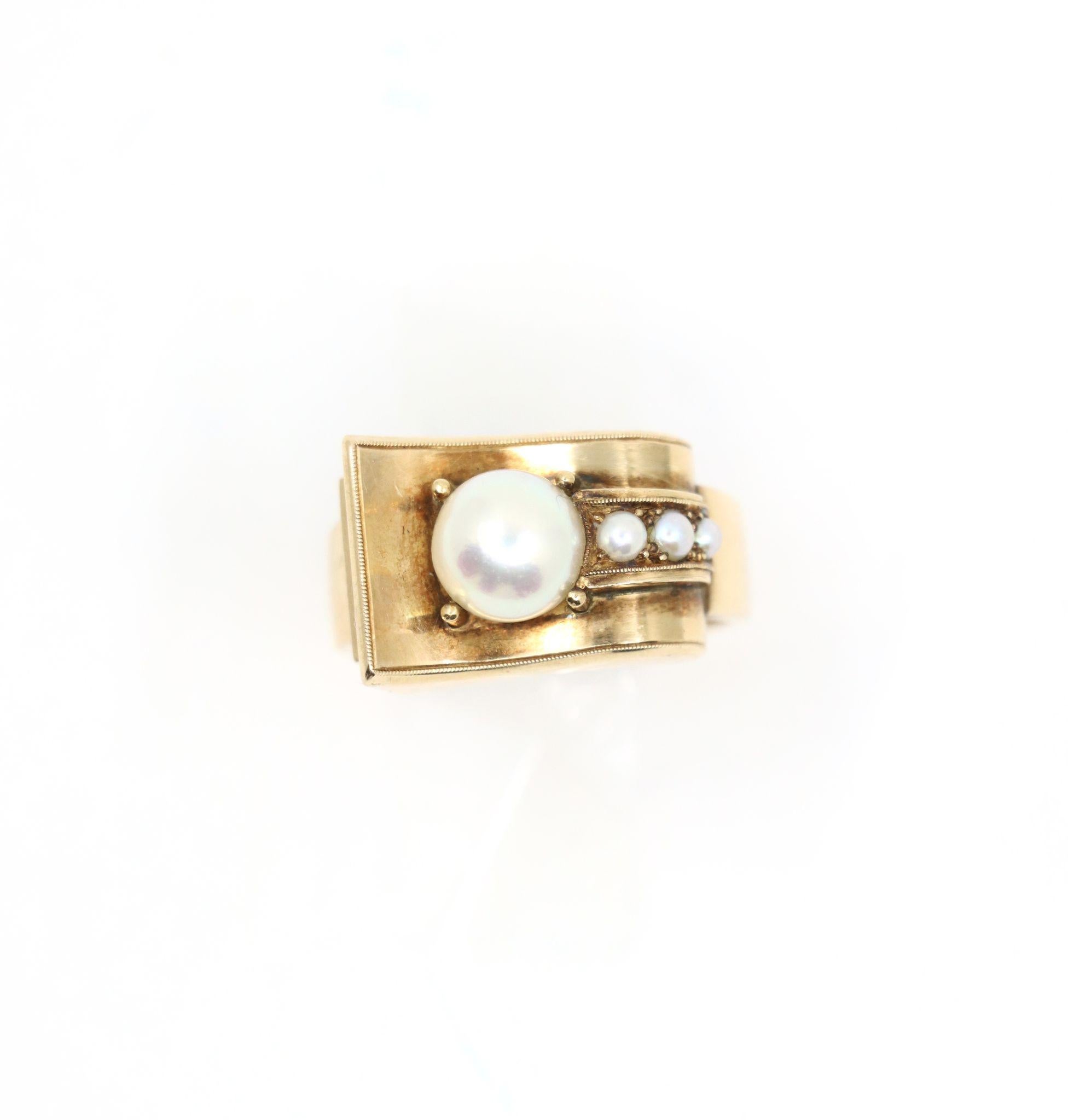 Uncut Victorian 14K Gold Pearl Belt Buckle Ring For Sale