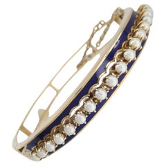 Victorian 14k Gold Pearl Enamel Hinge Bangle Bracelet