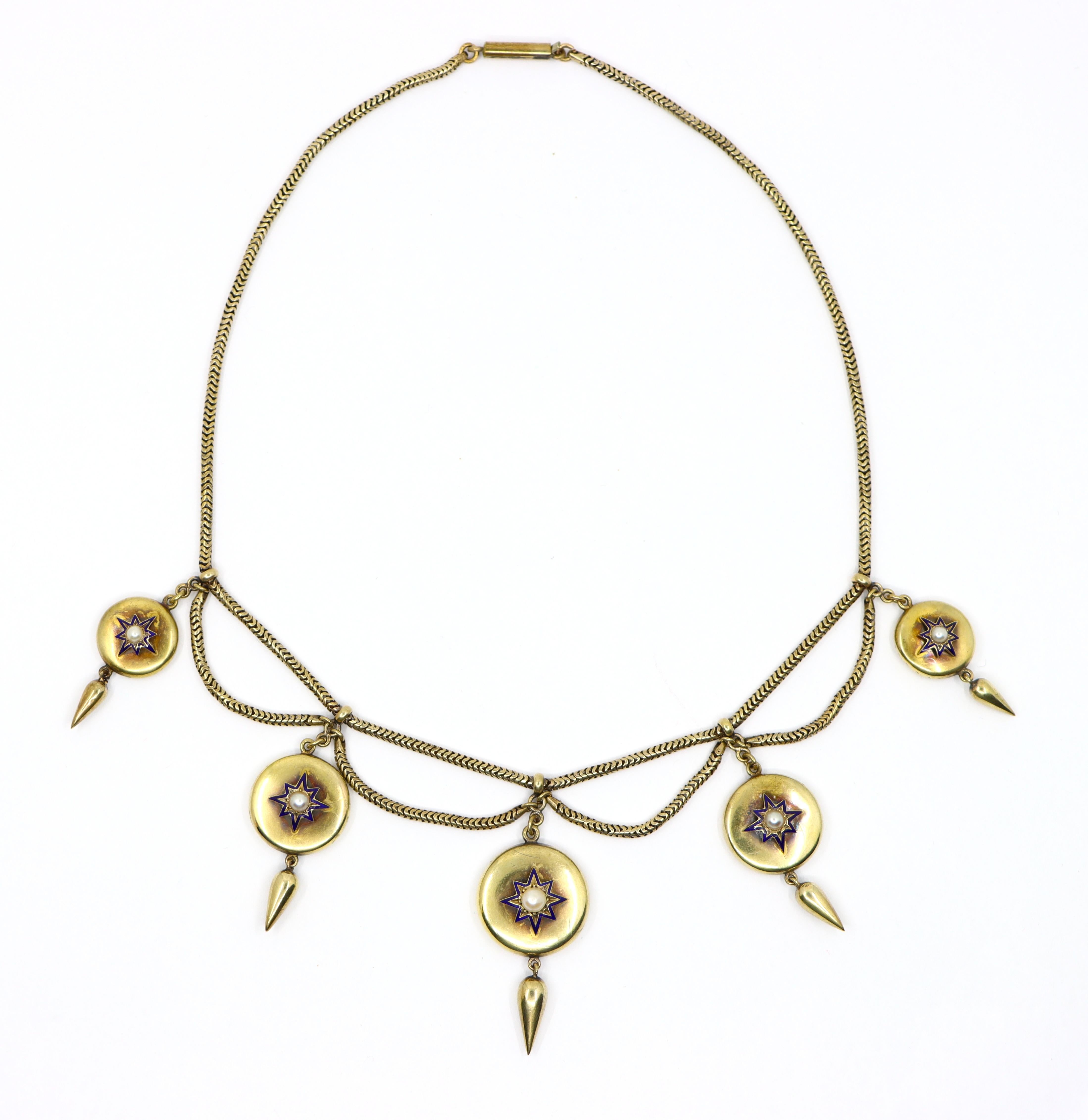 Victorian 14K Gold Pearl Necklace

Approximate Dimensions:
41 cm ( Length)
0.2 - 4 cm (Width)
22.5 grams in weight.