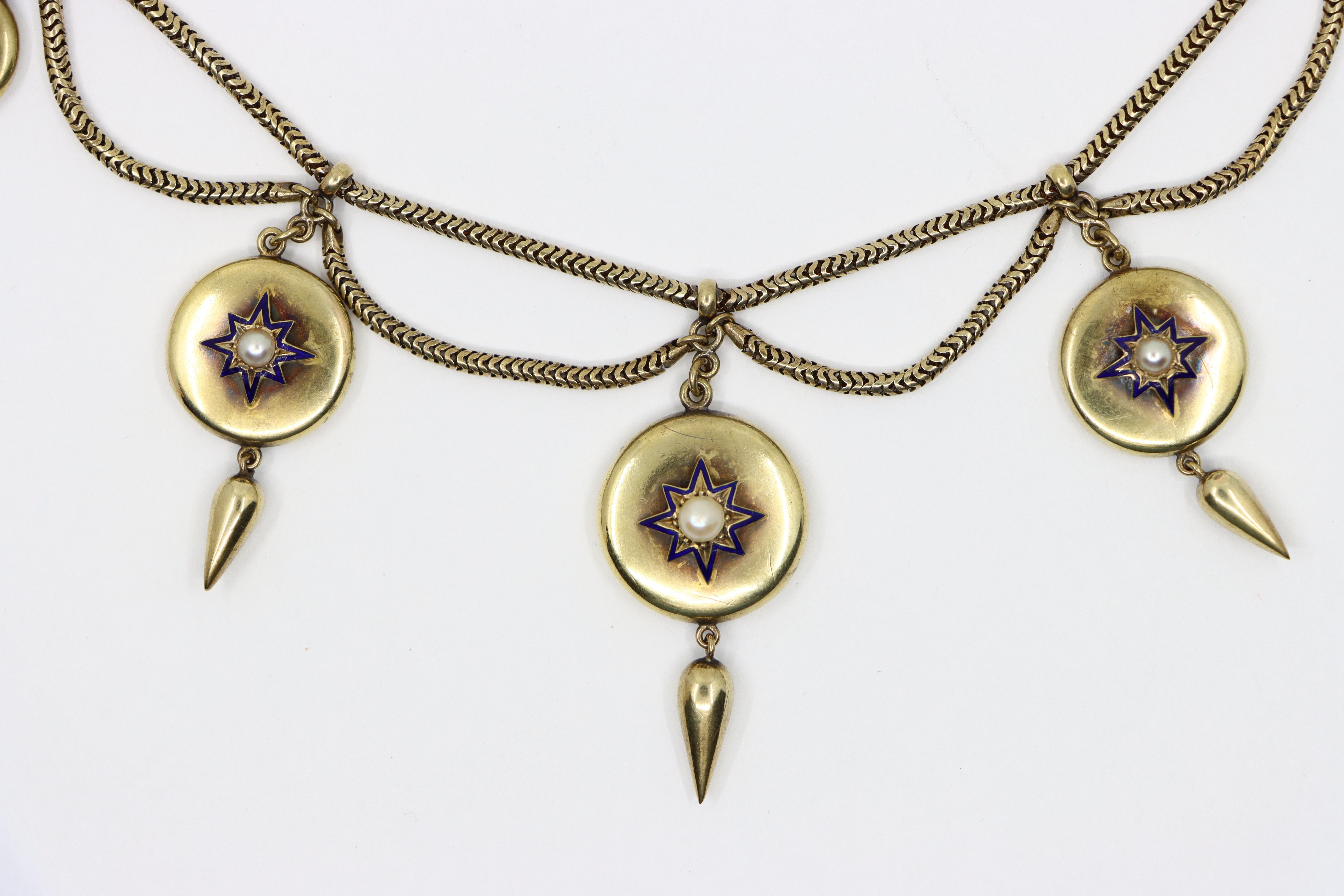 Women's or Men's Victorian 14K Gold Pearl Necklace For Sale