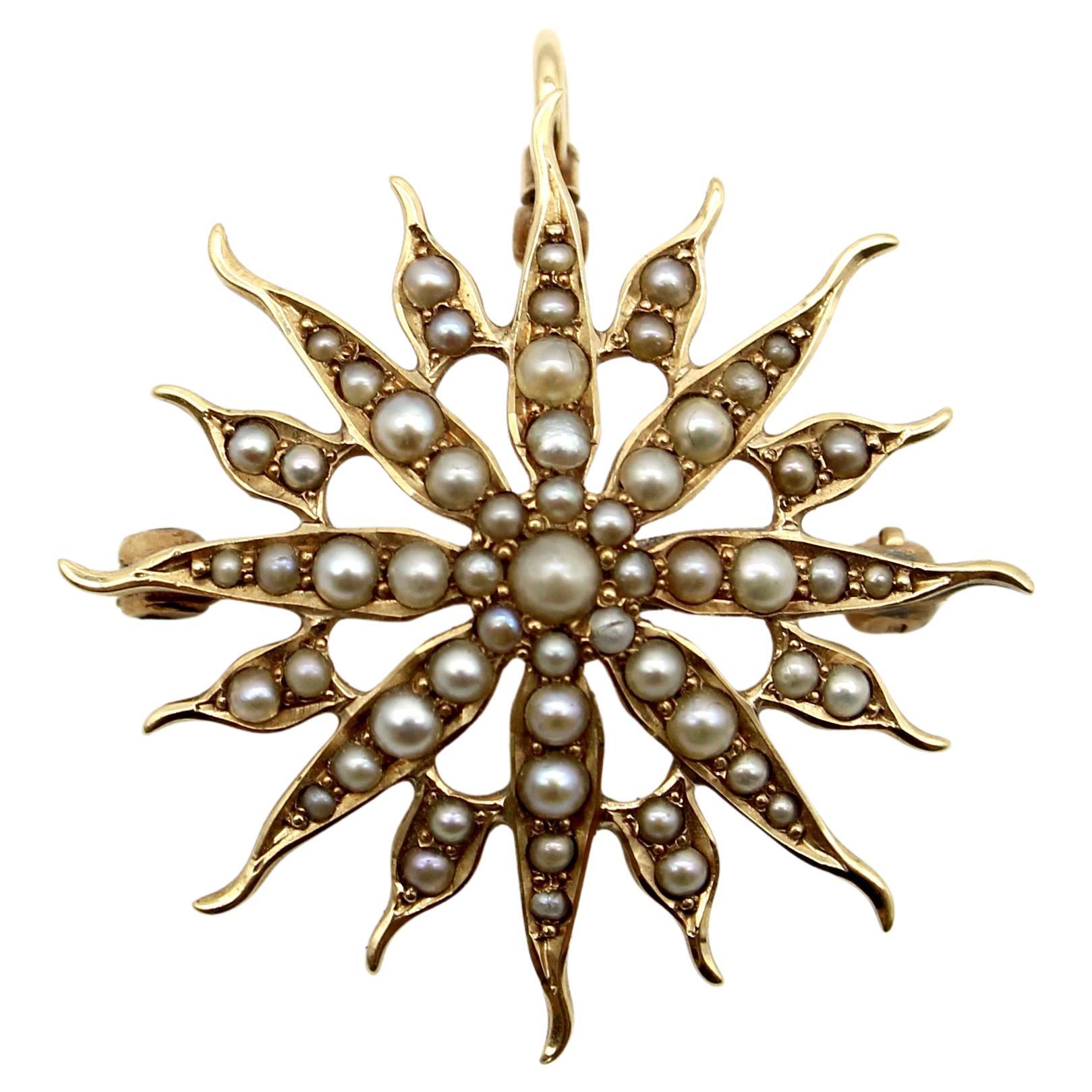 Spilla vittoriana con ciondolo a forma di stella in oro 14K e perle, 1890 circa in vendita