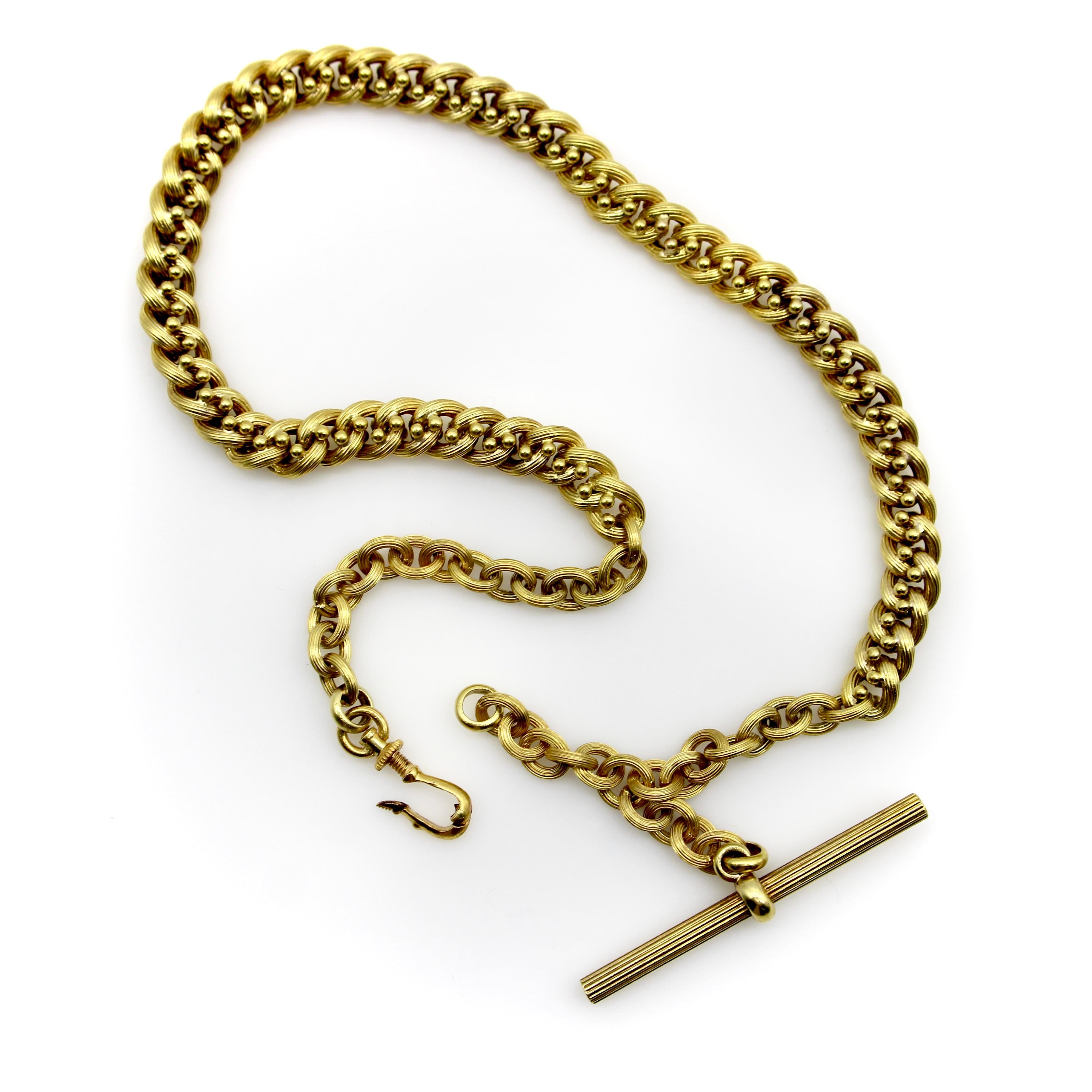 Victorian 14K Gold Pocket Watch Chain Necklace with T-Bar In Good Condition For Sale In Venice, CA